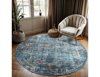 Tapijtenloods Picasso Sarough Vintage Rond Vloerkleed Blauw Laagpolig