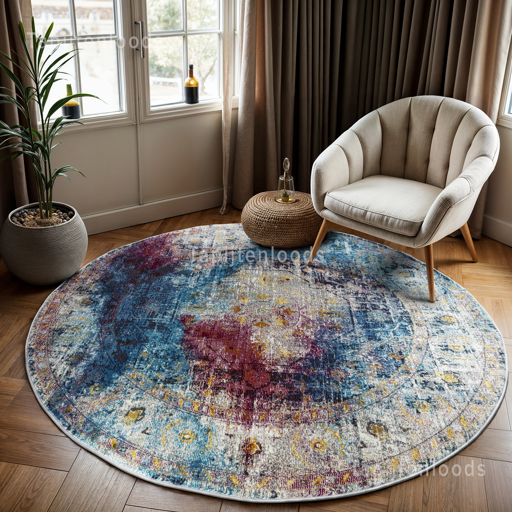 Tapijtenloods Picasso Heriz Vintage Rond Vloerkleed Multi / Blauw Laagpolig