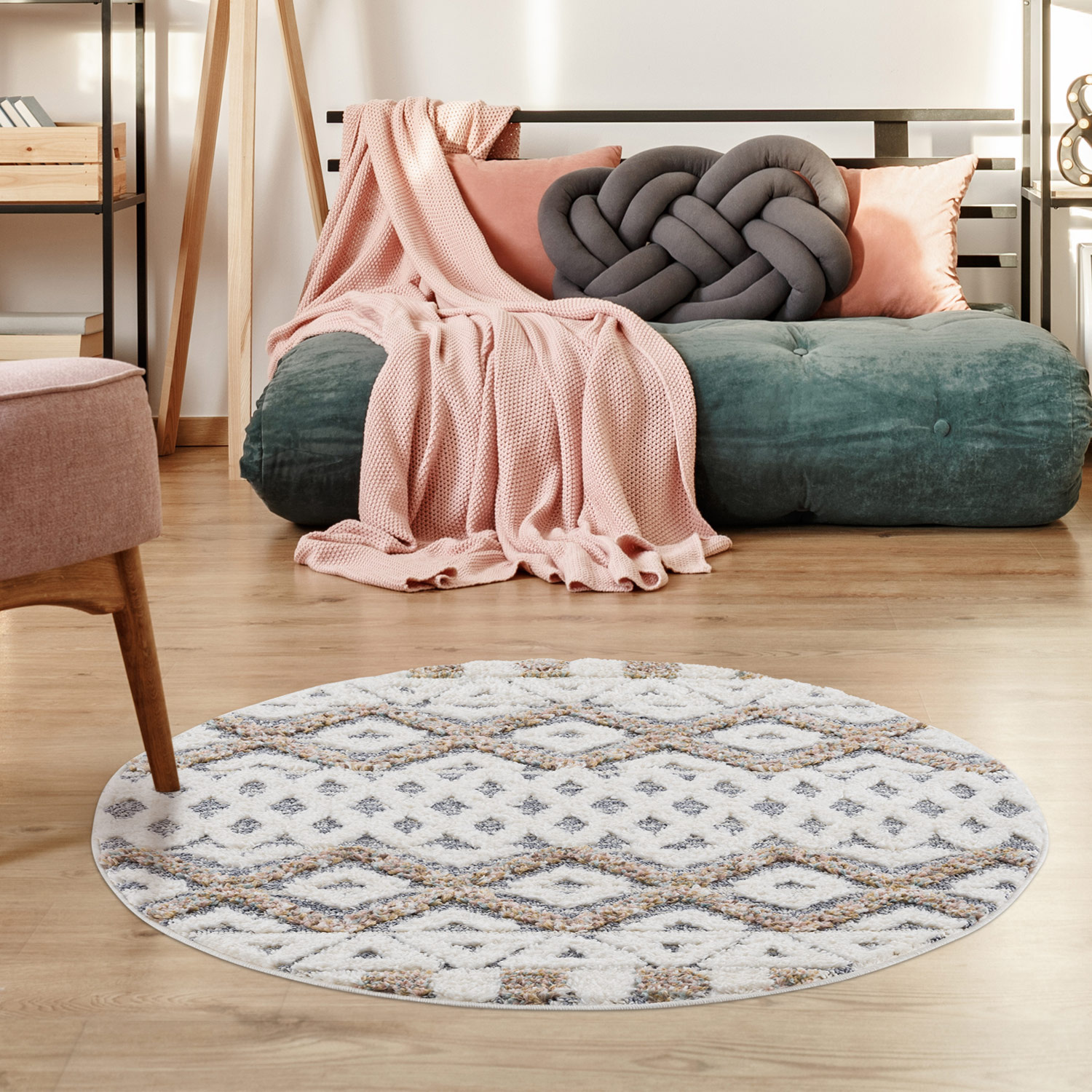 Vloerkleed Focus Basic - Rond - Hoogpolig - Fluffy  - Scandinavisch - Grijs Creme