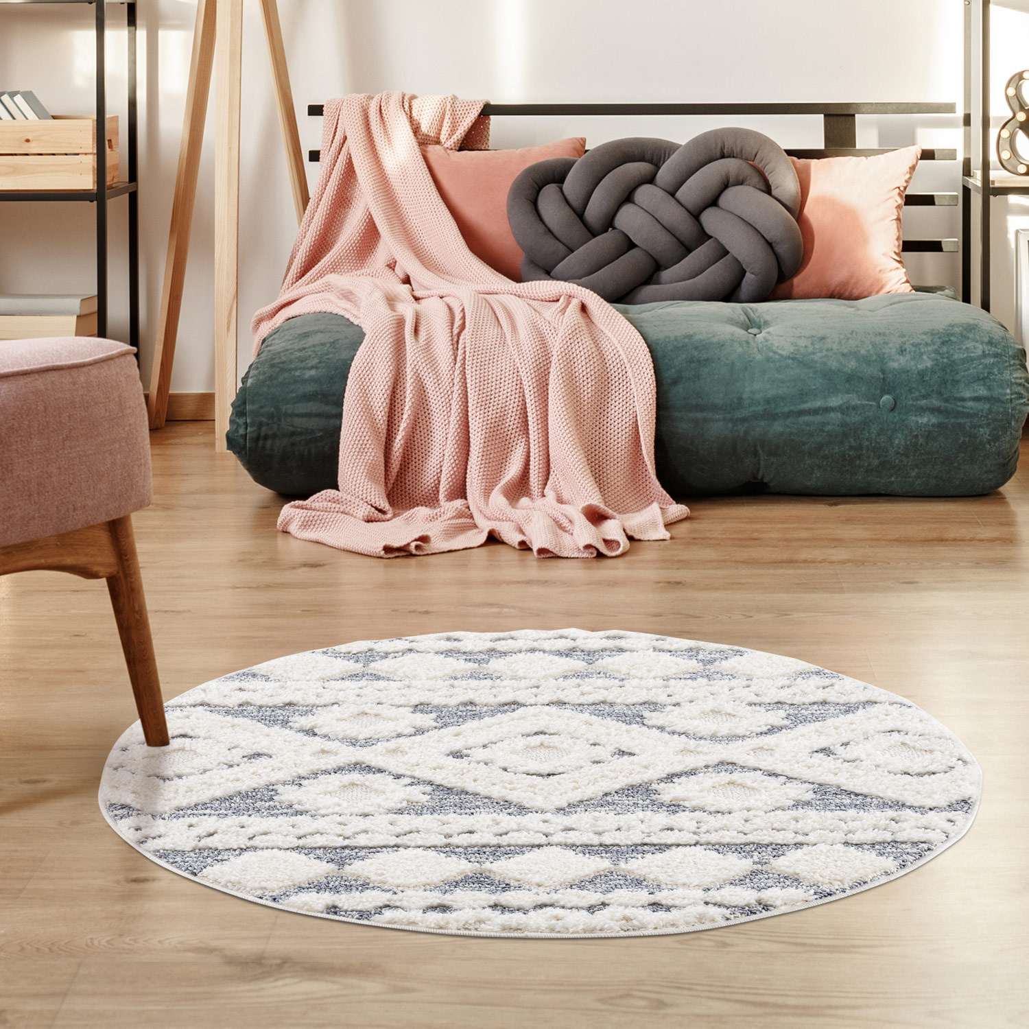 Vloerkleed Focus Style - Rond - Hoogpolig - Fluffy  - Scandinavisch - Grijs Creme