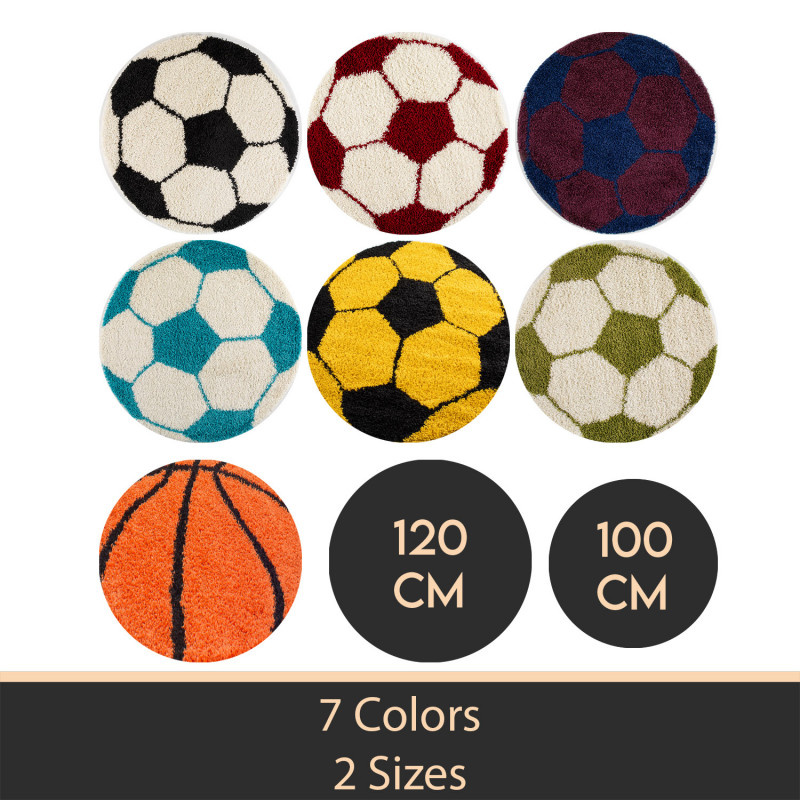 Outlet - Fun Voetbal Kinderkamer Rond Vloerkleed Hoogpolig Rood Wit - 100CM ROND
