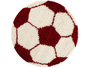 Outlet - Fun Voetbal Kinderkamer Rond Vloerkleed Hoogpolig Rood Wit - 100CM ROND