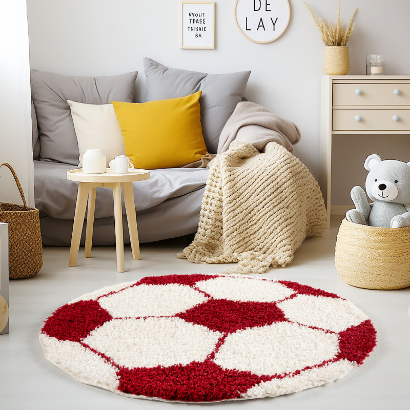 Outlet - Fun Voetbal Kinderkamer Rond Vloerkleed Hoogpolig Rood Wit - 100CM ROND