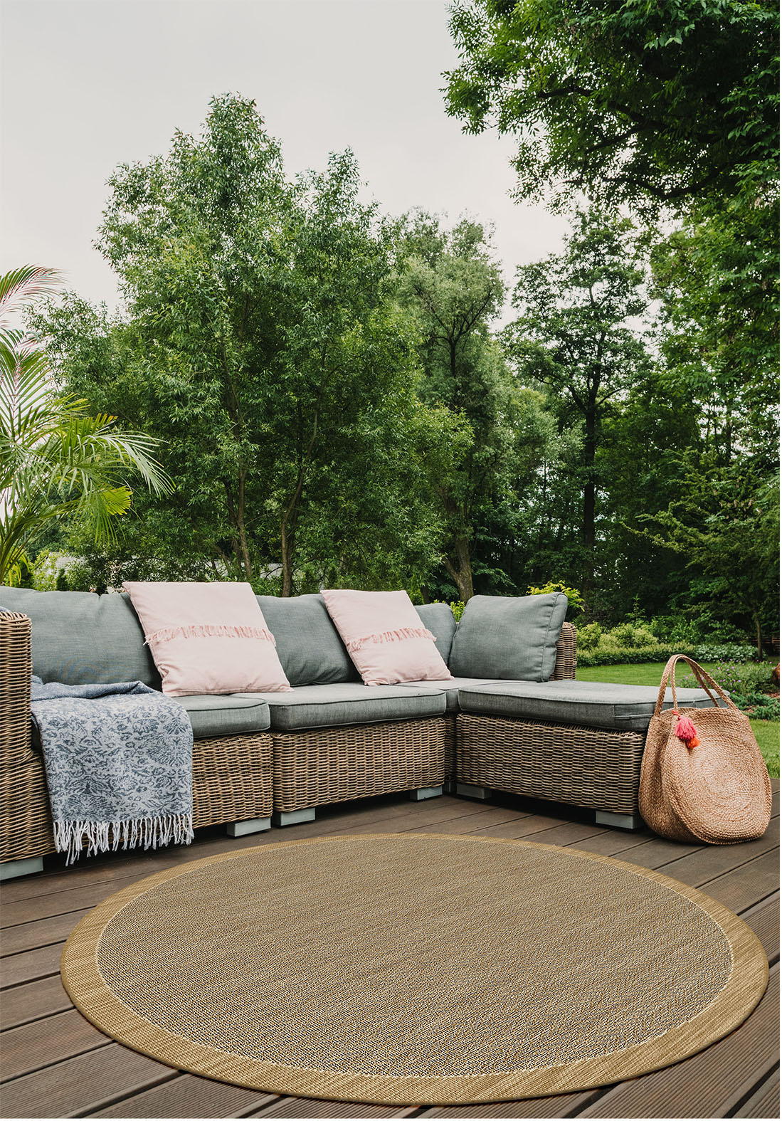 Brussels Uni Kader Buitenkleed – Rond - Indoor & Outdoor Vloerkleed – Tuinkleed, Balkonkleed – Jute Beige