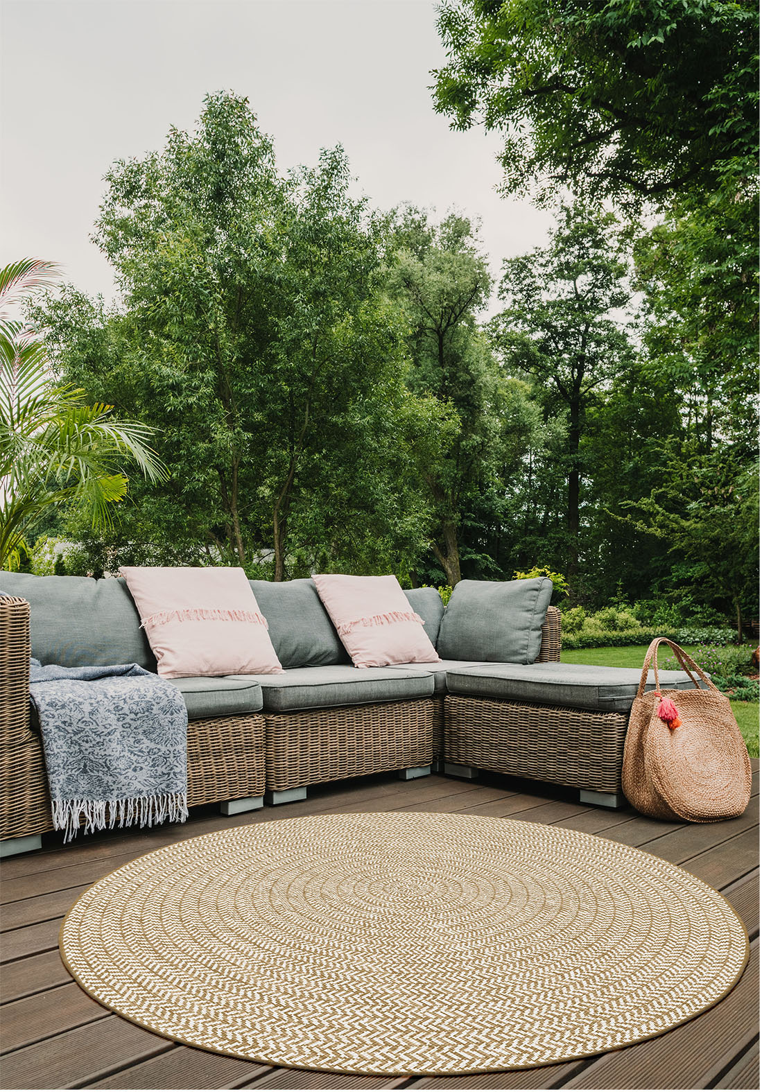 Brussels Vintage Buitenkleed – Rond - Indoor & Outdoor Vloerkleed – Tuinkleed, Balkonkleed – Jute Beige Wit