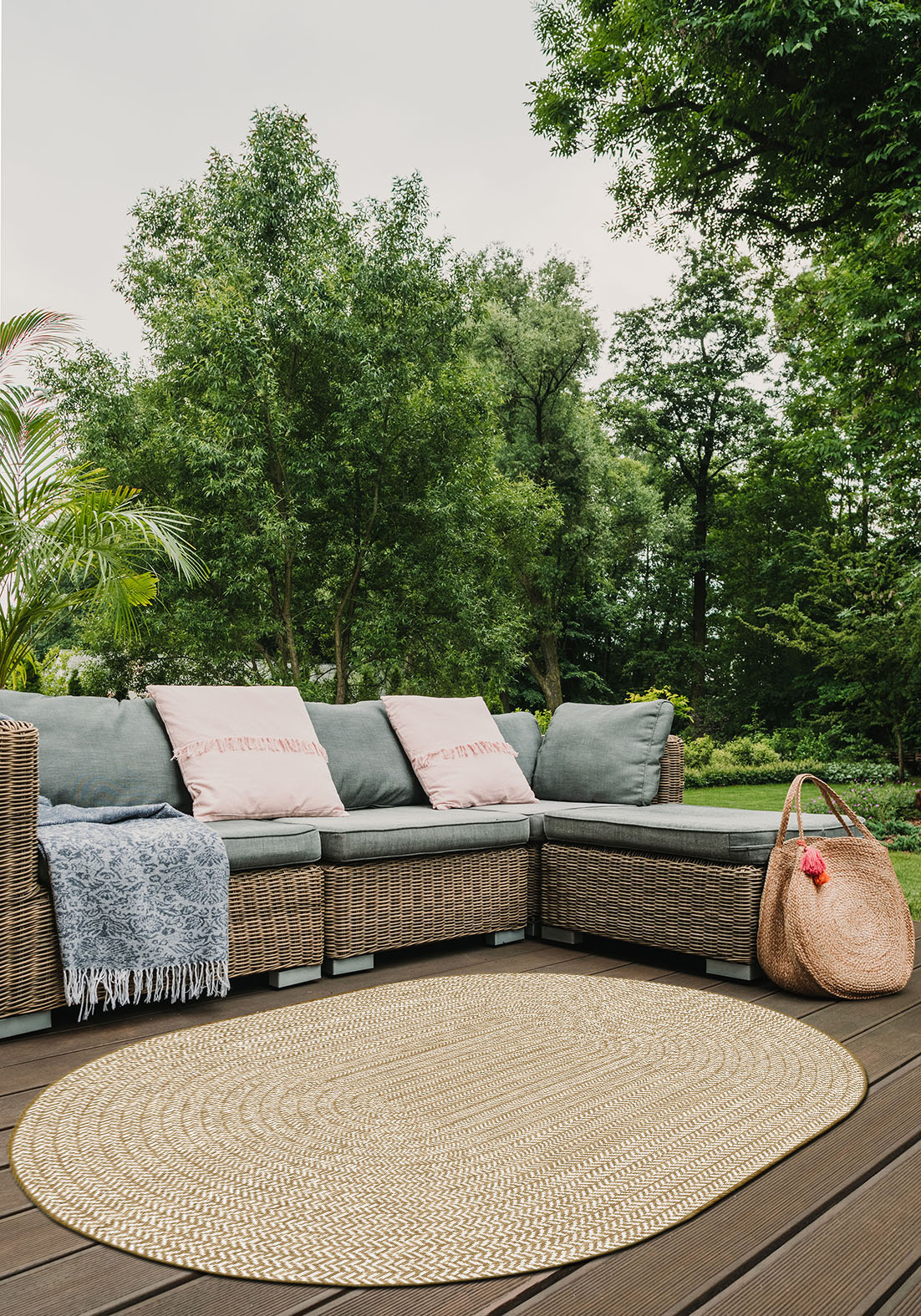 Brussels Vintage Buitenkleed – Ovaal - Effen Indoor & Outdoor Vloerkleed – Tuinkleed, Balkonkleed – Jute Beige Wit