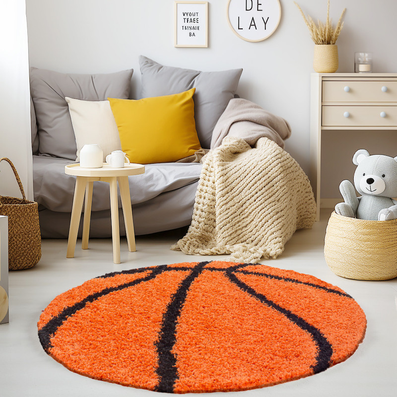Outlet - Fun Basketbal Kinderkamer Rond Vloerkleed Hoogpolig Oranje