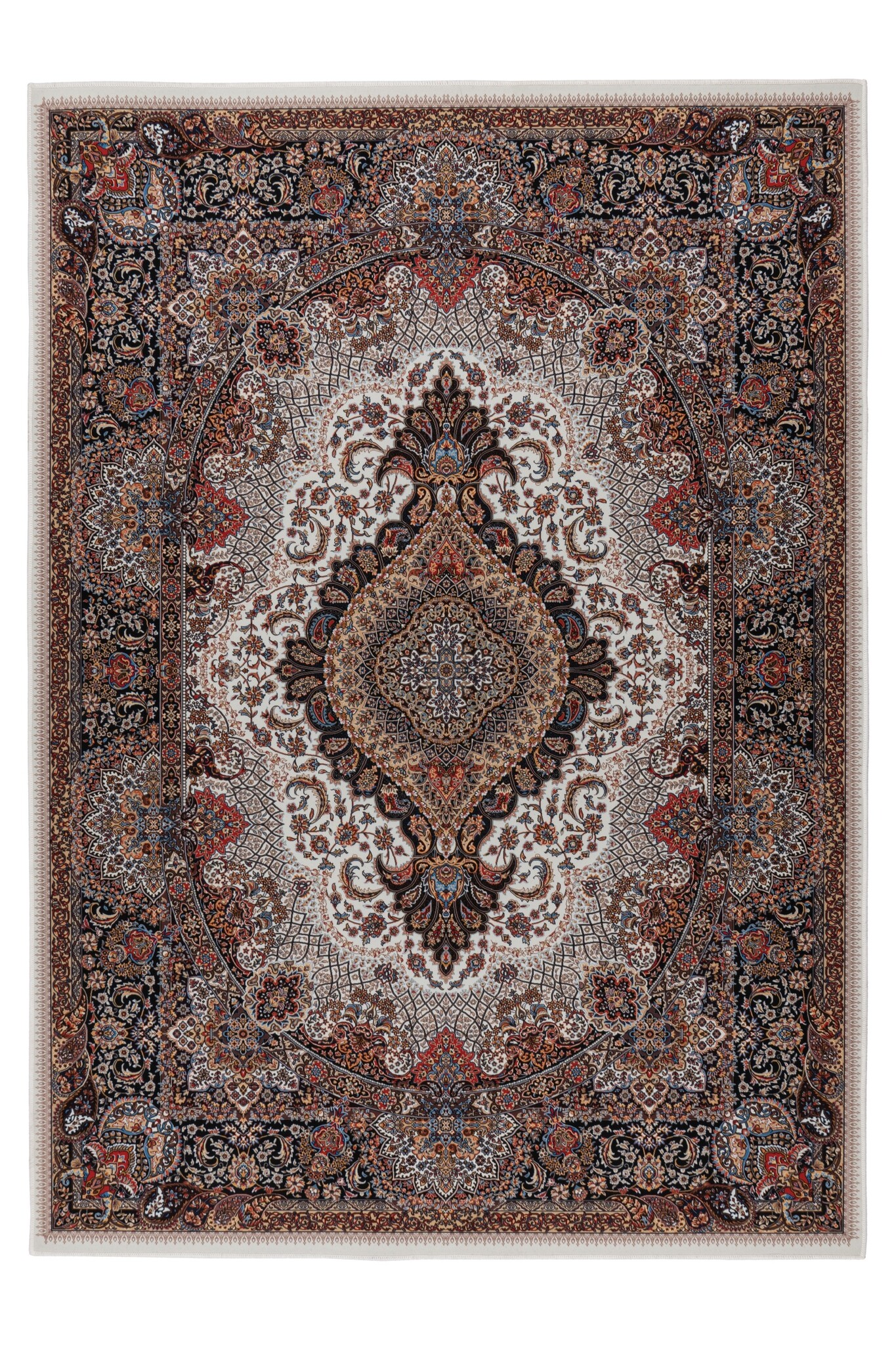 Dunya Klassiek Isfahan - Oosters Vloerkleed - Laagpolig, Wasbaar, Anti-Slip, 100% Polyester - Creme Multi