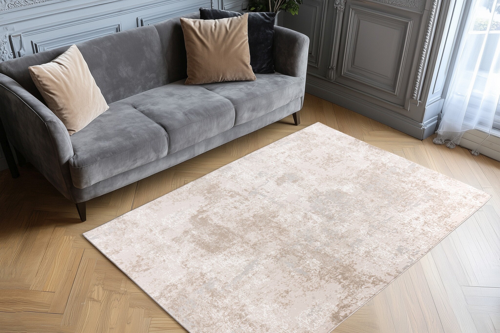 Eli Home Style - Marmerlook Vloerkleed - Laagpolig, 3D-Look, Franjes, Soft Touch - Beige