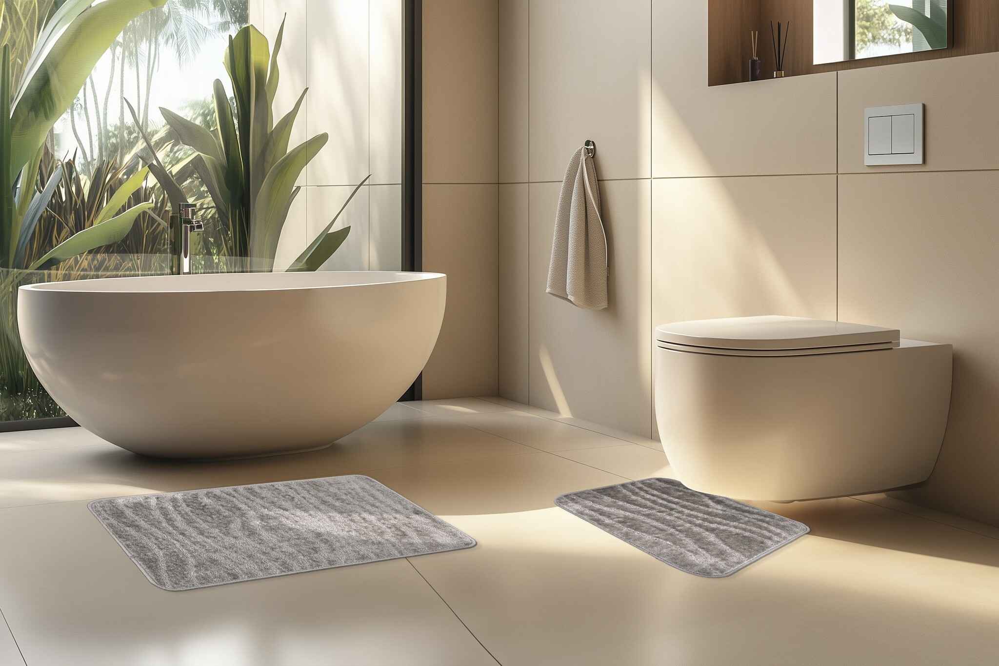 Bari Badmat / Toiletmat - Badkamer Set 2-Delig - Wasbaar - Anti-slip - Zilver