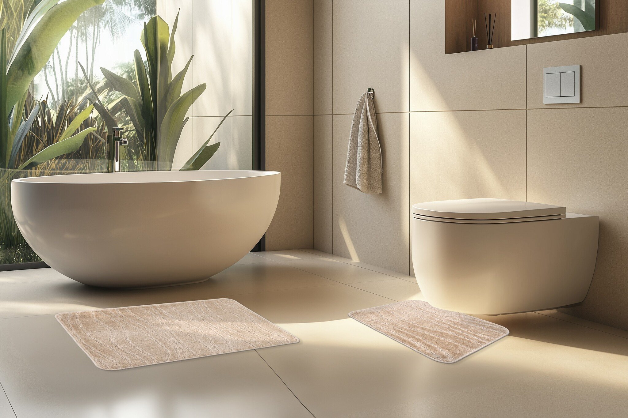 Bari Badmat / Toiletmat - Badkamer Set 2-Delig - Wasbaar - Anti-slip - Beige
