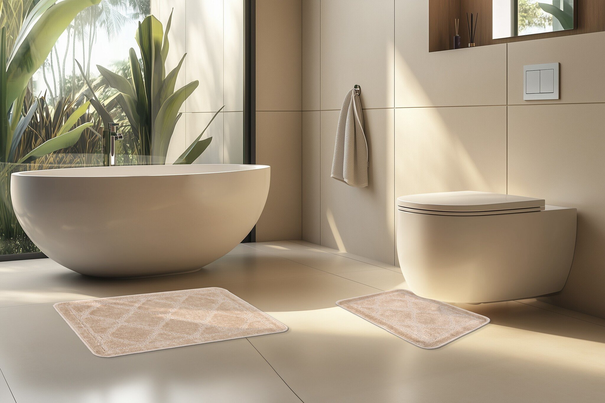 Bari Badmat / Toiletmat - Badkamer Set 2-Delig - Wasbaar - Anti-slip - Beige