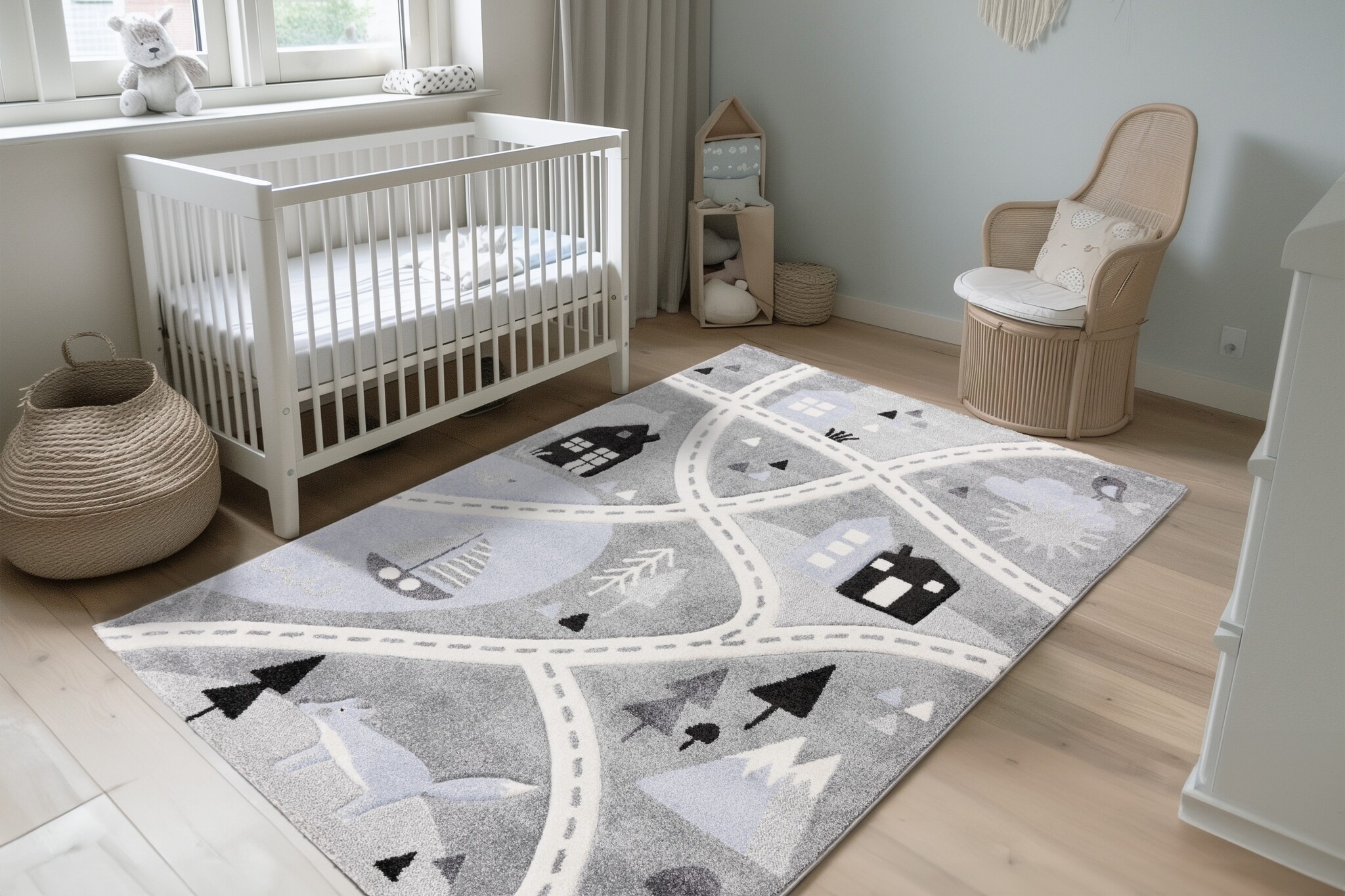 Kindervloerkleed Happy Verkeer – Zacht vloerkleed – Speelkleed voor Kinderkamer – Grijs