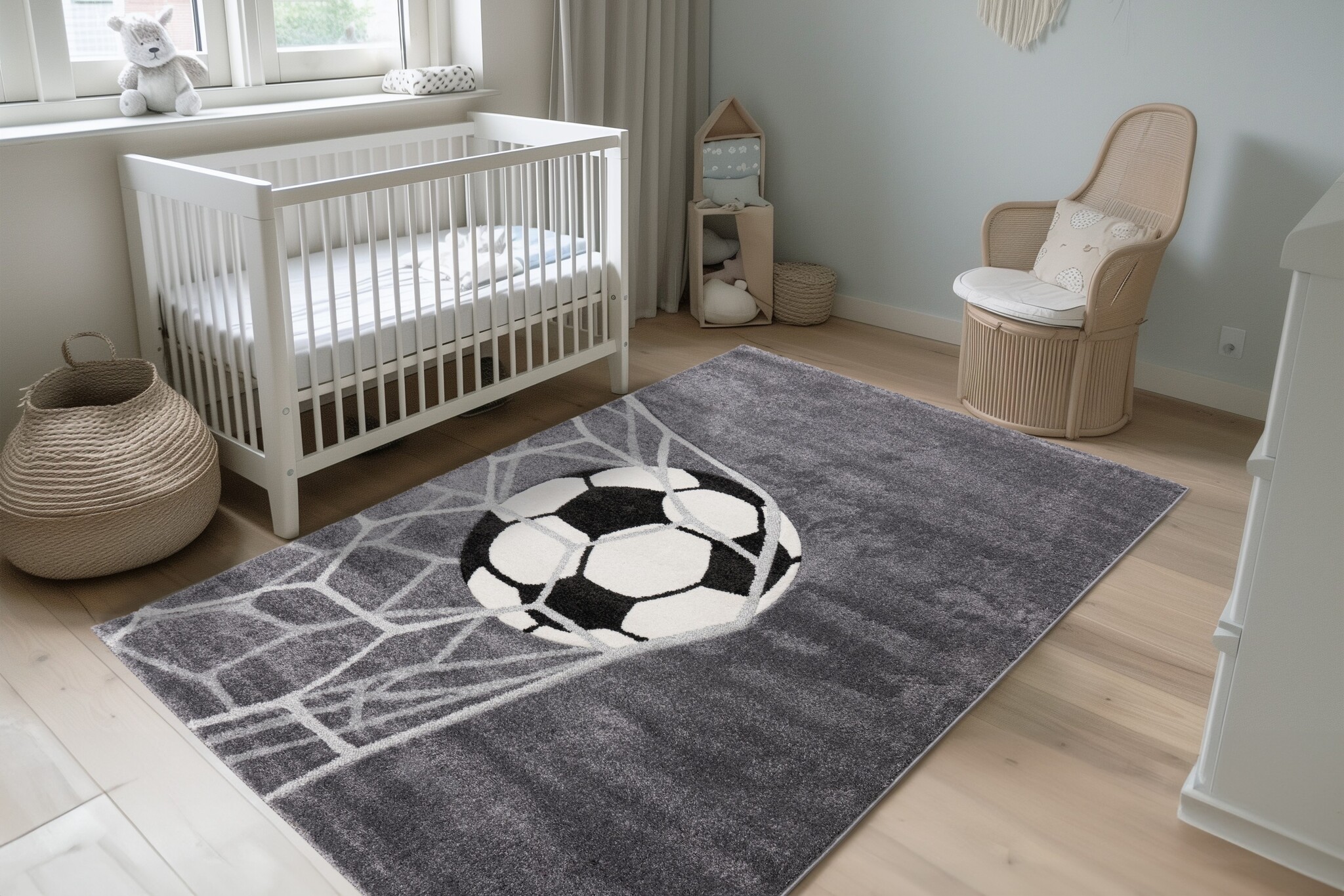 Kindervloerkleed Happy Voetbal – Zacht vloerkleed – Speelkleed voor Kinderkamer – Grijs