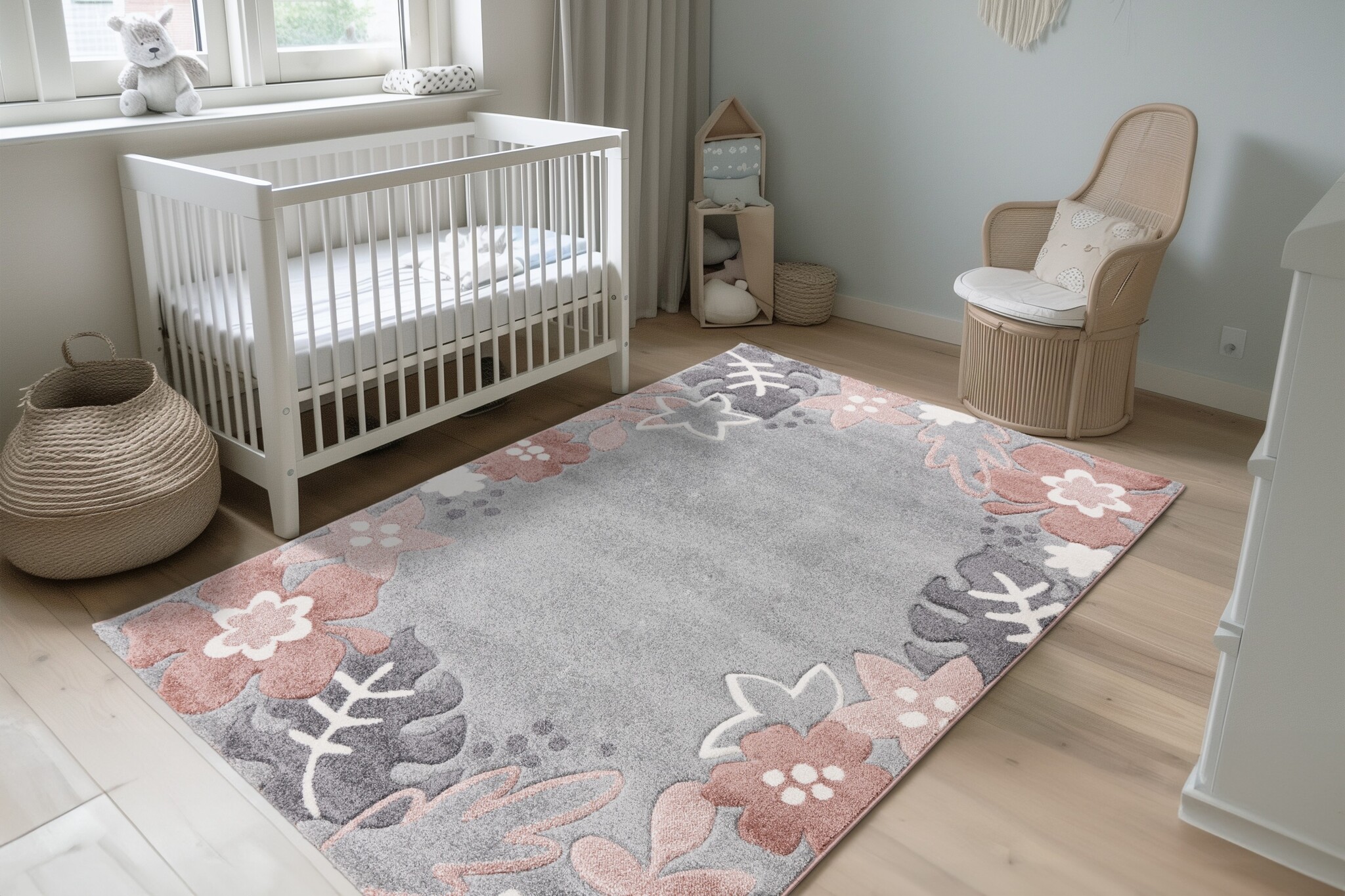 Happy Bloemen Kindervloerkleed Grijs