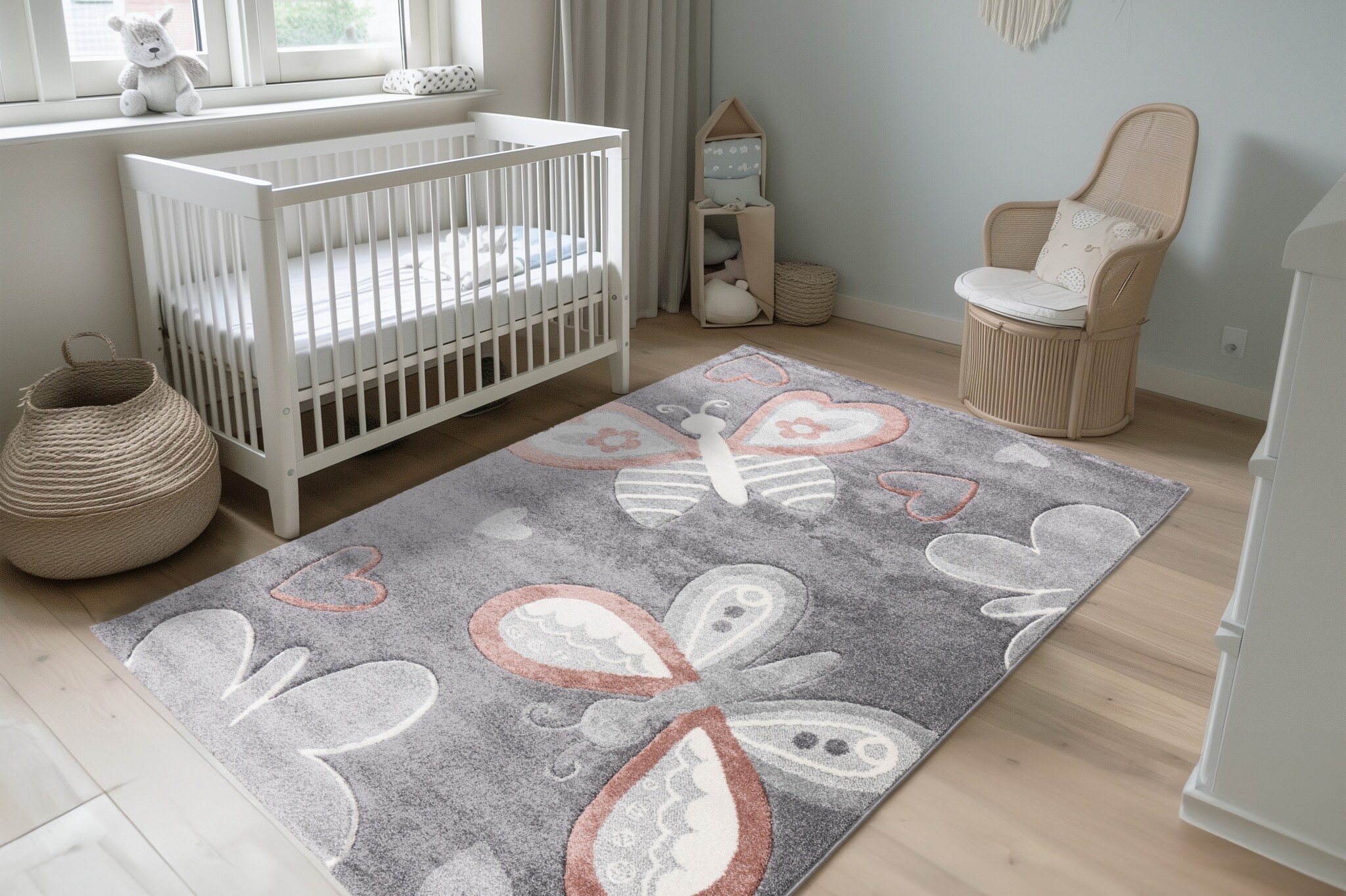 Kindervloerkleed Happy Vlinders – Zacht vloerkleed – Speelkleed voor Kinderkamer – Grijs