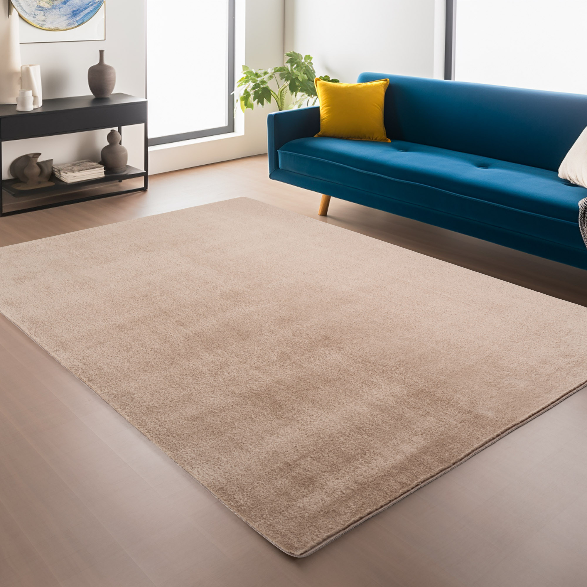 JOY Effen Soft Rond Vloerkleed – 100% Polyester – Anti-Slip - Beige