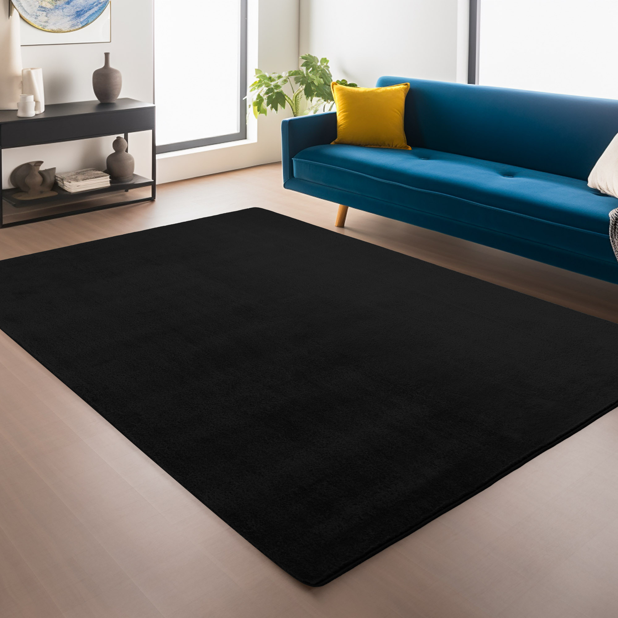 JOY Effen Soft Rond Vloerkleed – 100% Polyester – Anti-Slip - Zwart