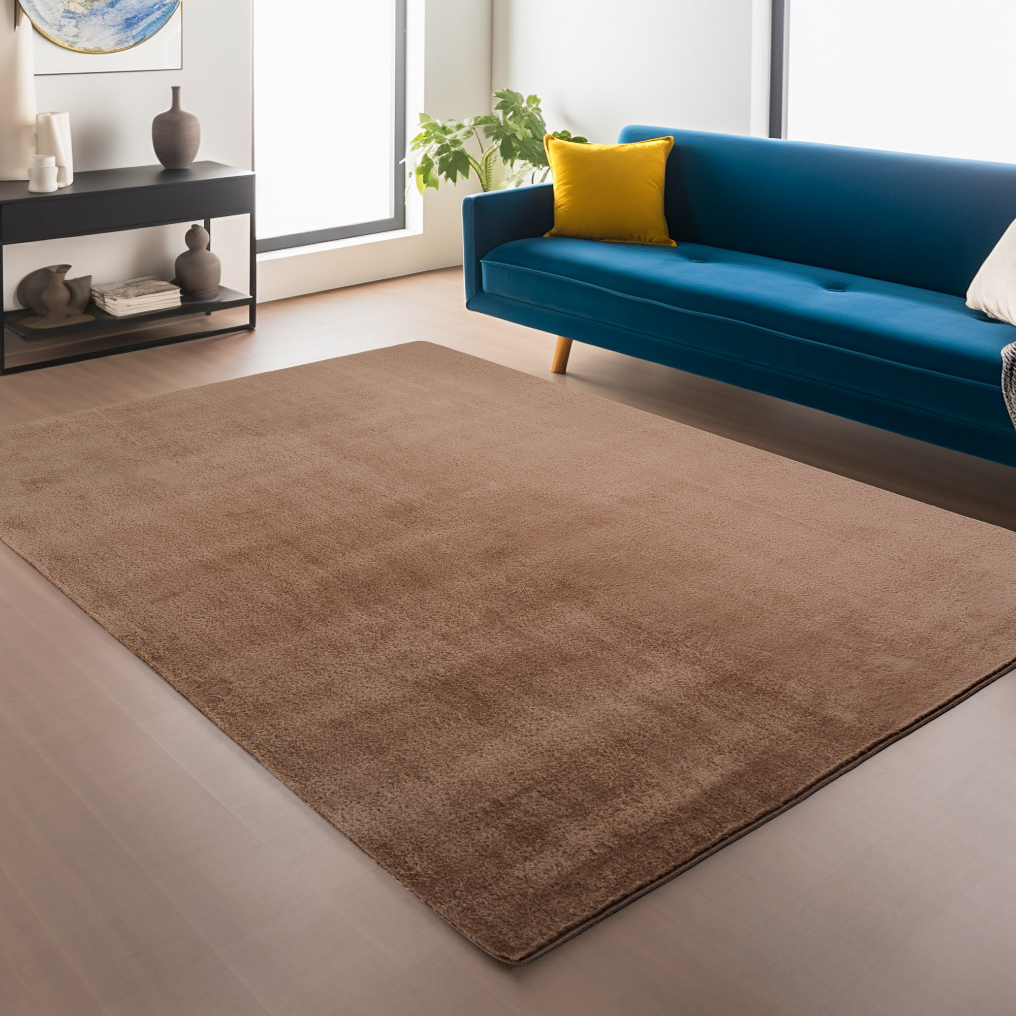 JOY Effen Soft Rond Vloerkleed – 100% Polyester – Anti-Slip - Bruin