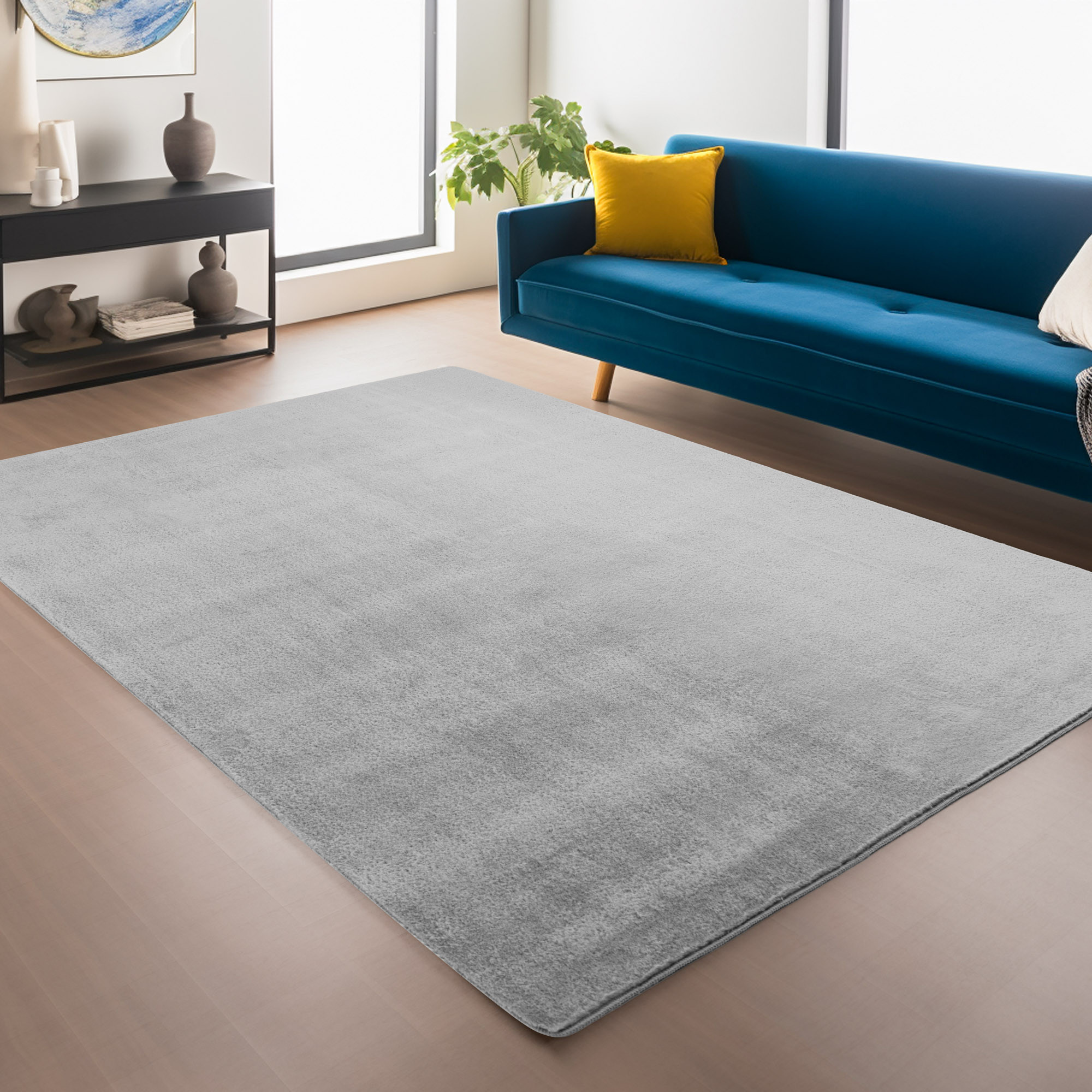 JOY Effen Soft Rond Vloerkleed – 100% Polyester – Anti-Slip - Zilver