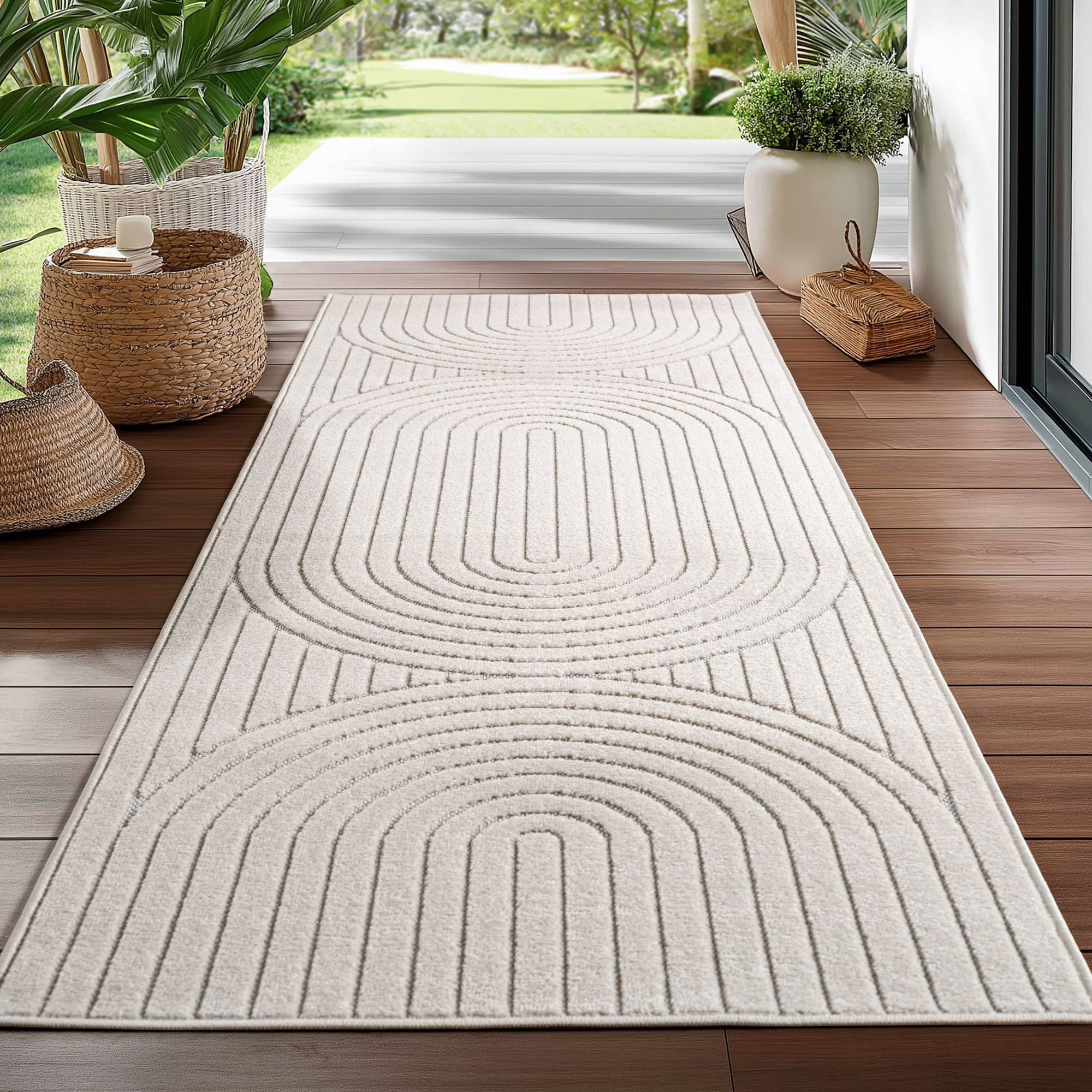 Buitenkleed NOVA – Indoor & Outdoor Vloerkleed– Japandi & Scandinavisch Design – Effen - 3D-Look - Weerbestendig & UV-proof - Creme