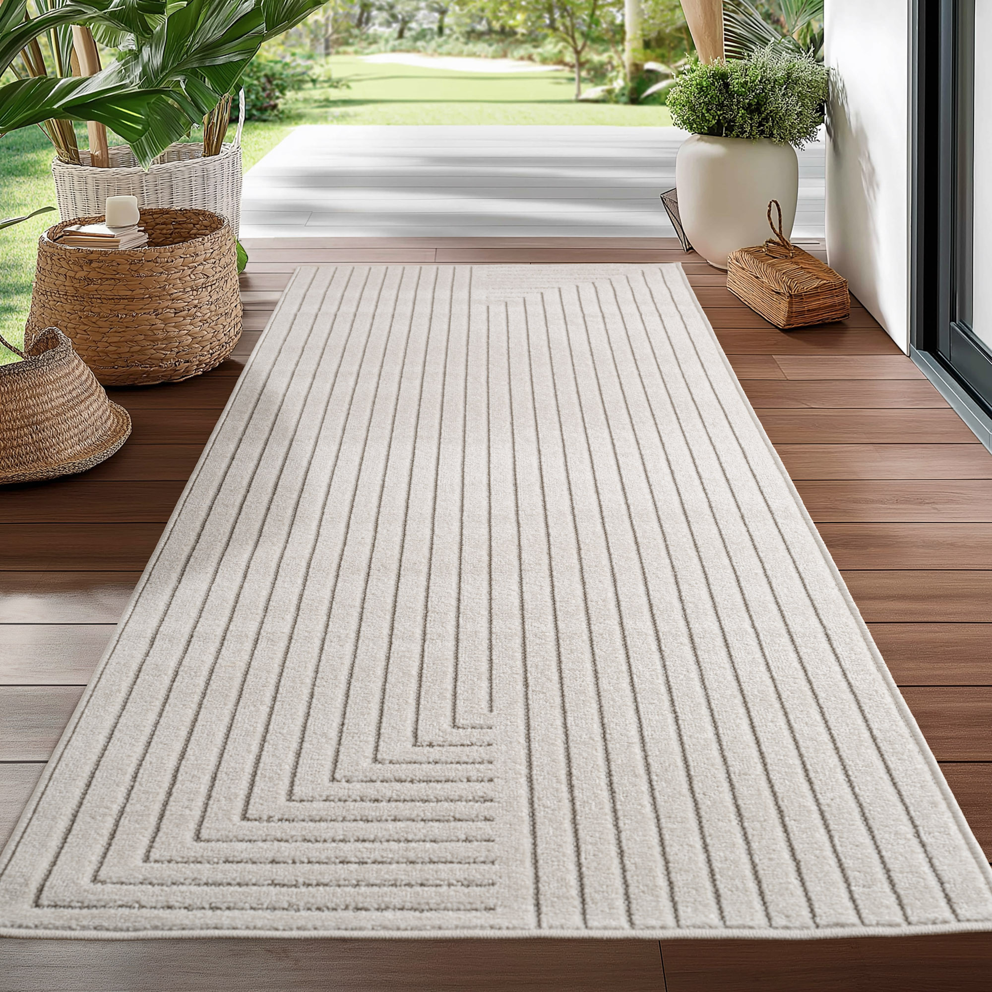 NOVA Buitenkleed Creme – Indoor & Outdoor – Japandi Scandinavisch Design – 3D-Look – Weerbestendig