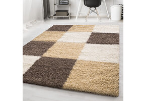 Tapijtenloods Basic Shaggy Geblokt vloerkleed Bruin / Beige Hoogpolig