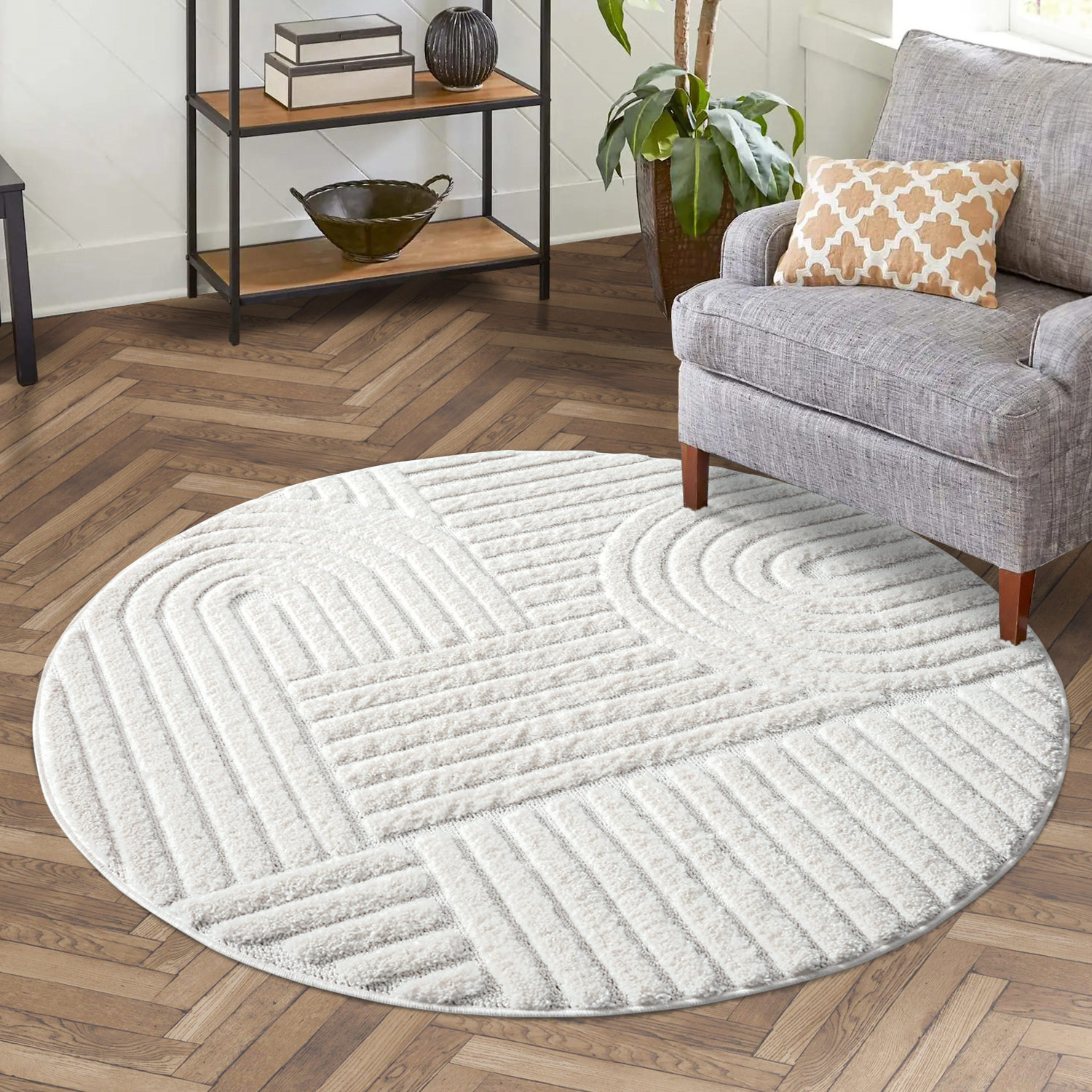 Outlet Rond Focus Japandi Vloerkleed - Hoogpolig - Creme
