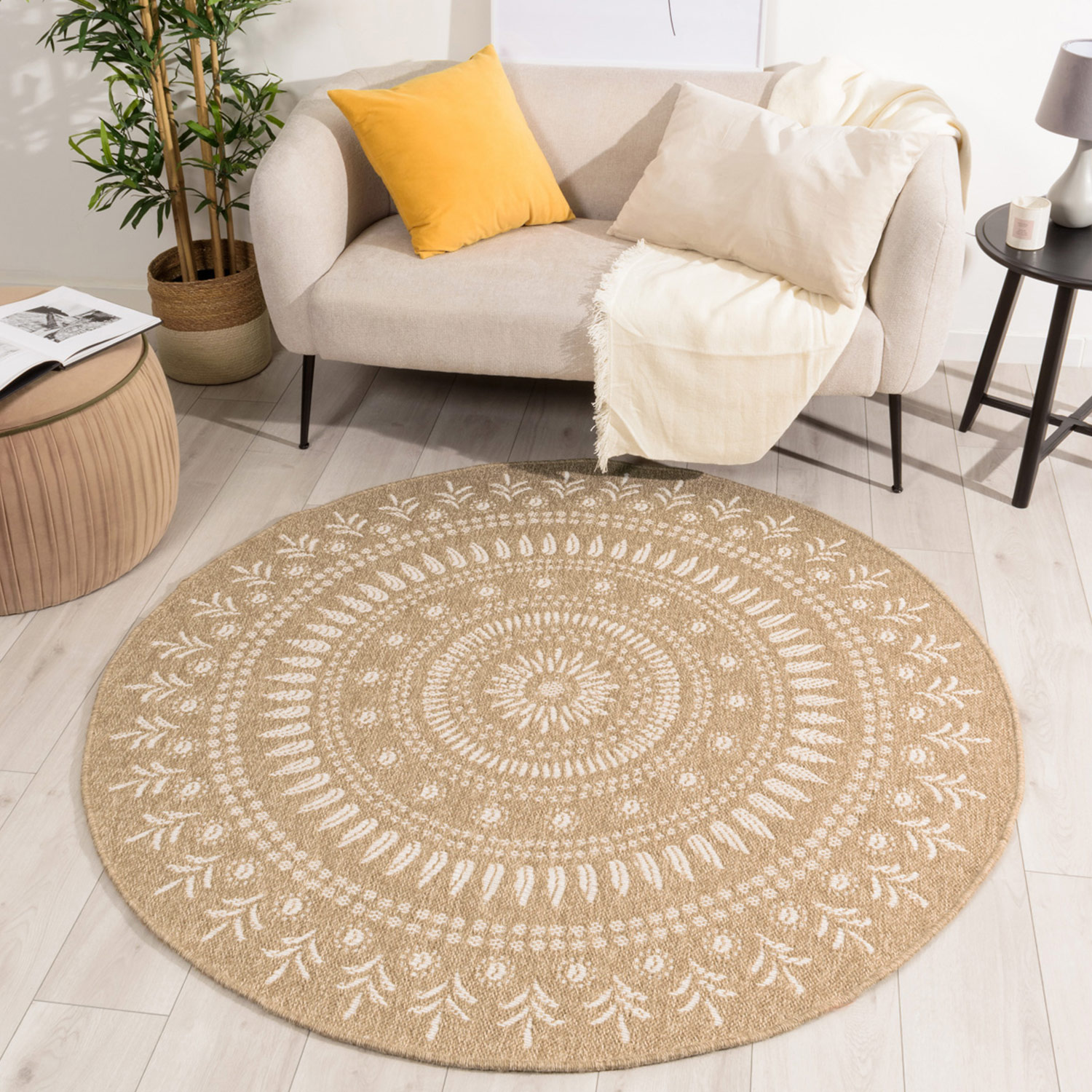 Outlet Rond Jute Rond Buitenkleed - Beige Wit