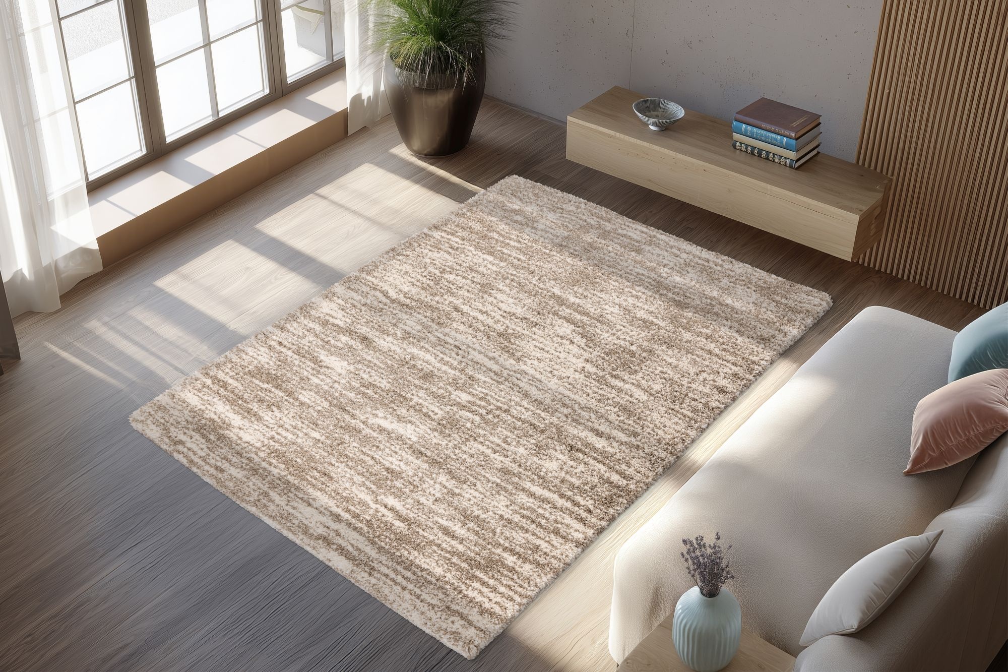 Mirage Shaggy - Hoogpolig Vloerkleed, Luxe Gemeleerd Modern Tapijt | Beige Creme