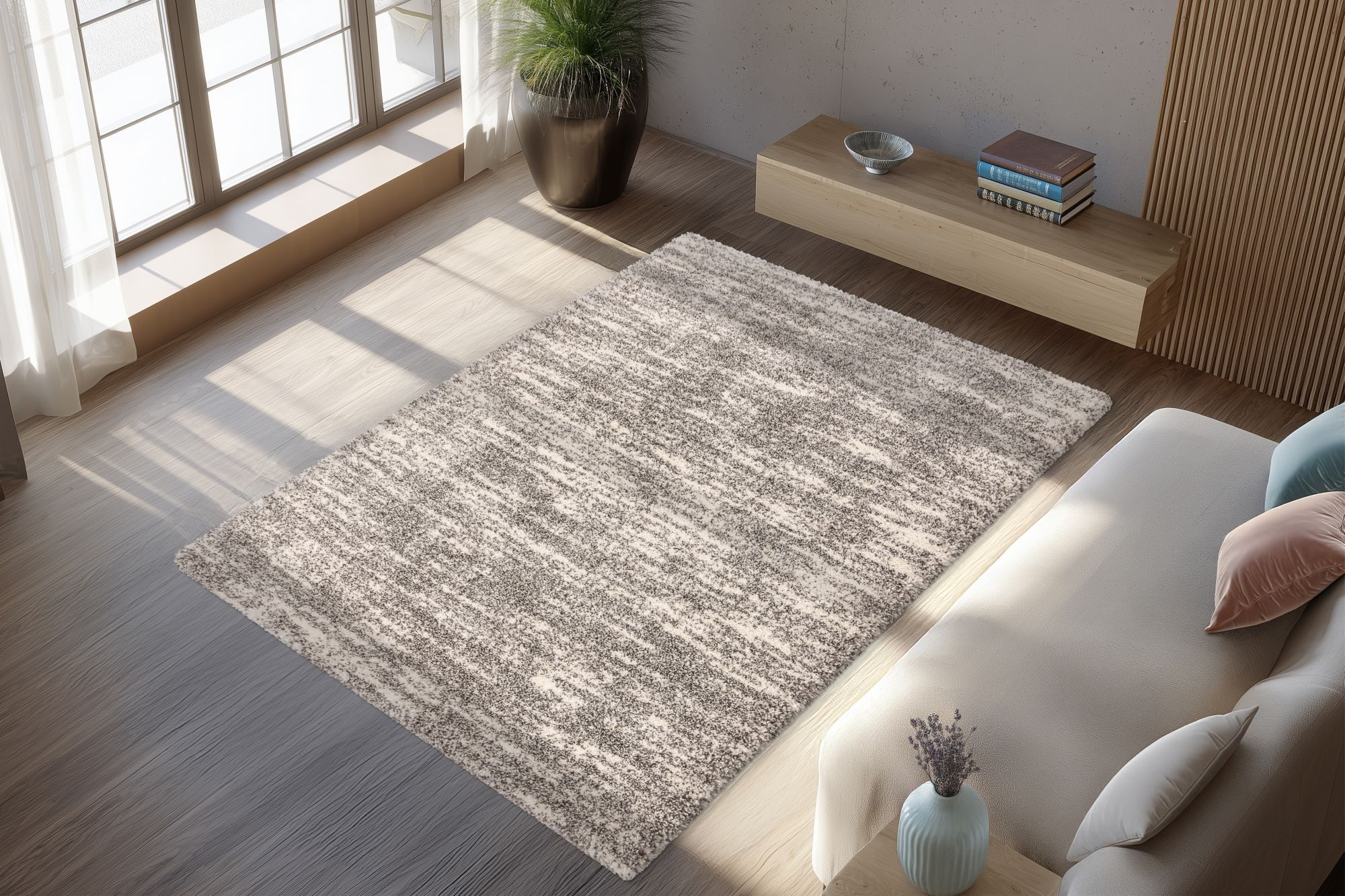 Mirage Shaggy - Hoogpolig Vloerkleed, Luxe Gemeleerd Modern Tapijt | Grijs Creme