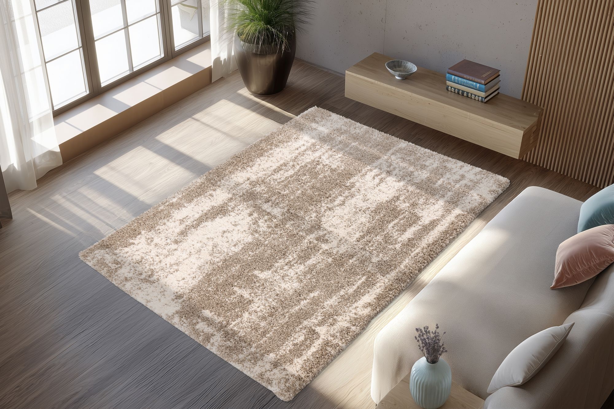 Mirage Shaggy - Hoogpolig Vloerkleed, Luxe Gemeleerd Modern Tapijt | Beige Creme