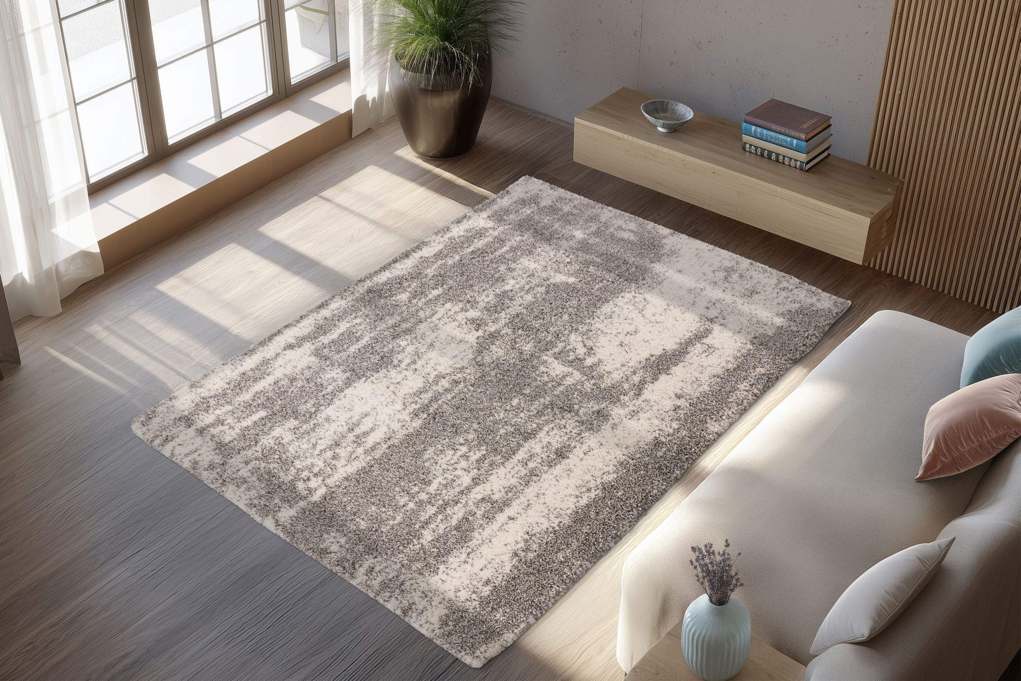 Mirage Shaggy - Hoogpolig Vloerkleed‚ Luxe Gemeleerd Modern Tapijt | Grijs Creme