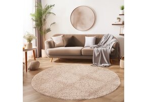 Basic Rond Shaggy vloerkleed Beige Hoogpolig