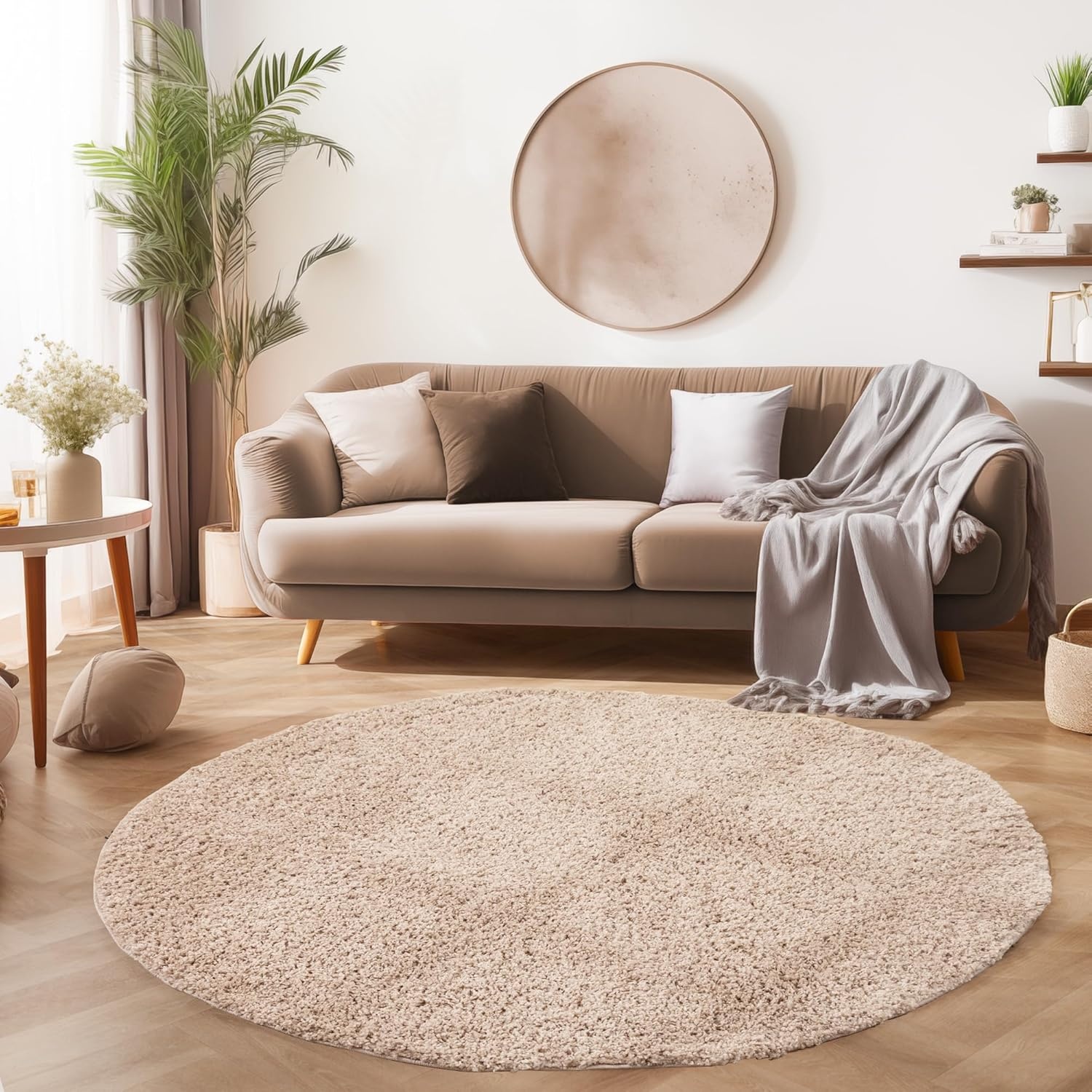 Basic Rond Shaggy vloerkleed Beige Hoogpolig