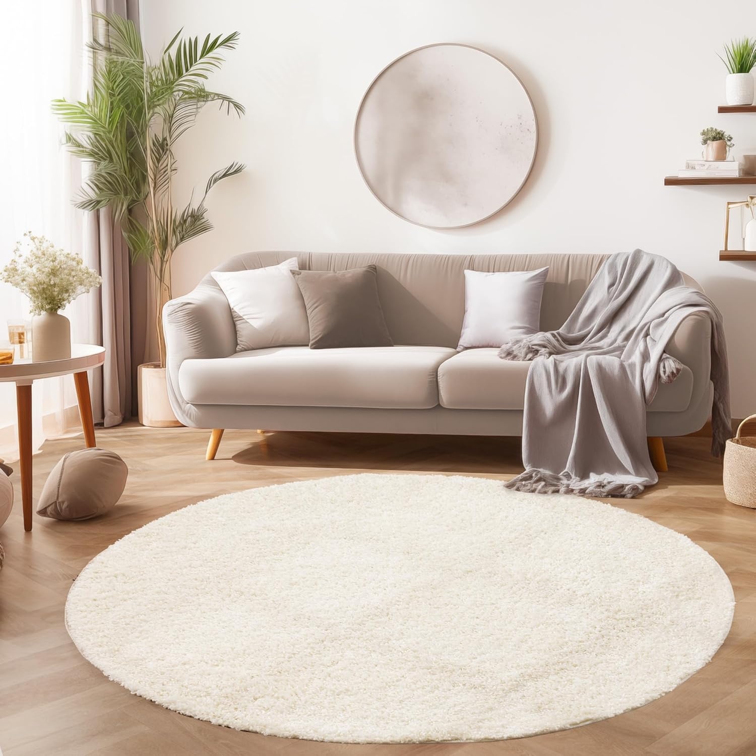 Tapijtenloods Basic Rond Shaggy vloerkleed Creme Hoogpolig