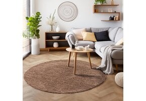 Basic Rond Shaggy vloerkleed Caramel Hoogpolig