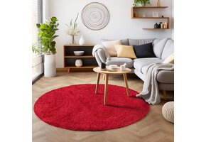 Basic Rond Shaggy vloerkleed Rood Hoogpolig