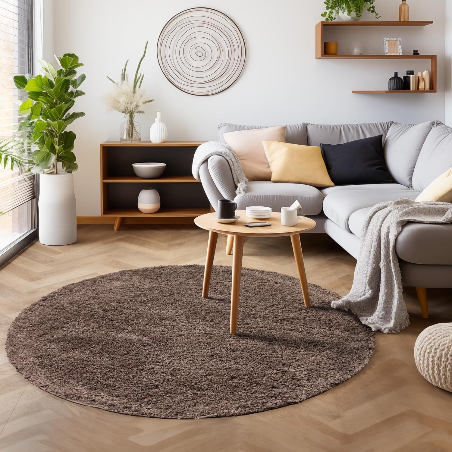 Tapijtenloods Basic Rond Shaggy vloerkleed Taupe Hoogpolig
