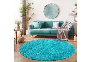Basic Rond Shaggy vloerkleed Turquoise Hoogpolig