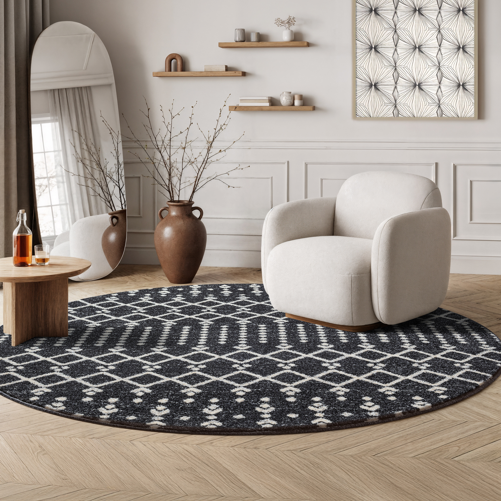 Rond Boho Antik | Laagpolig Vloerkleed | Modern Tapijt | Woonkamer, Slaapkamer | Zwart Grijs