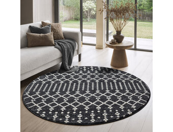 Rond Boho Antik | Laagpolig Vloerkleed | Modern Tapijt | Woonkamer, Slaapkamer | Zwart Grijs