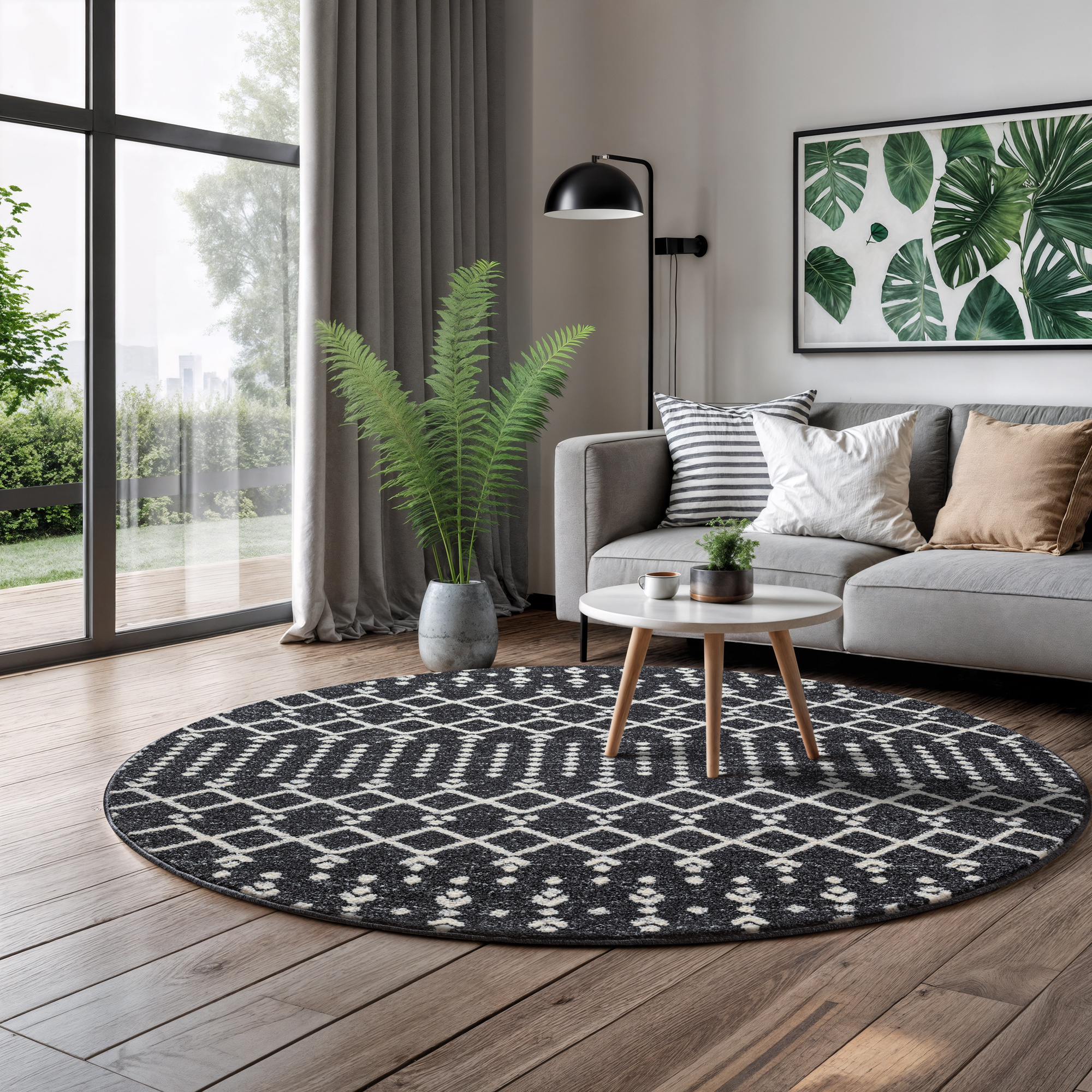 Boho Rond Antik Laagpolig Vloerkleed Zwart/Grijs