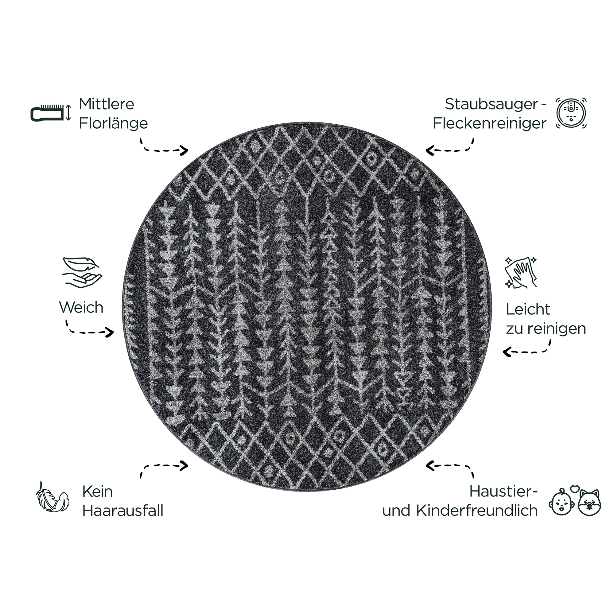 Rond Boho Vintage Kelim | Laagpolig Vloerkleed | Modern Tapijt | Woonkamer, Slaapkamer | Zwart Grijs