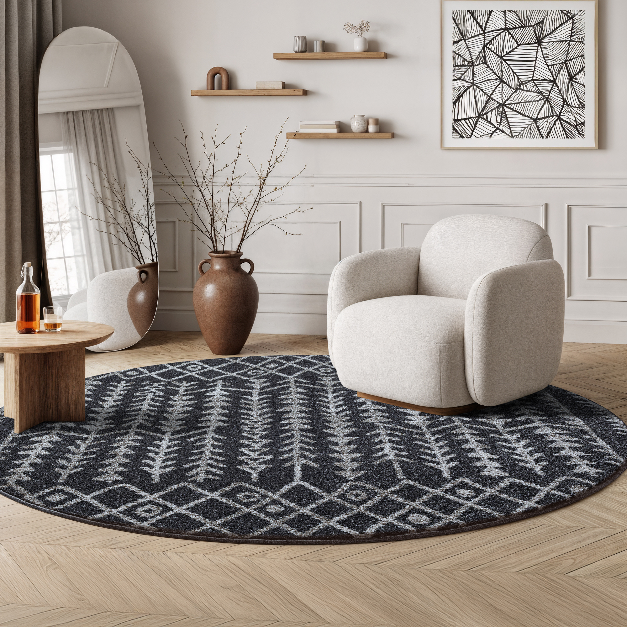 Boho Rond Vintage Kelim Laagpolig Vloerkleed Zwart/Grijs