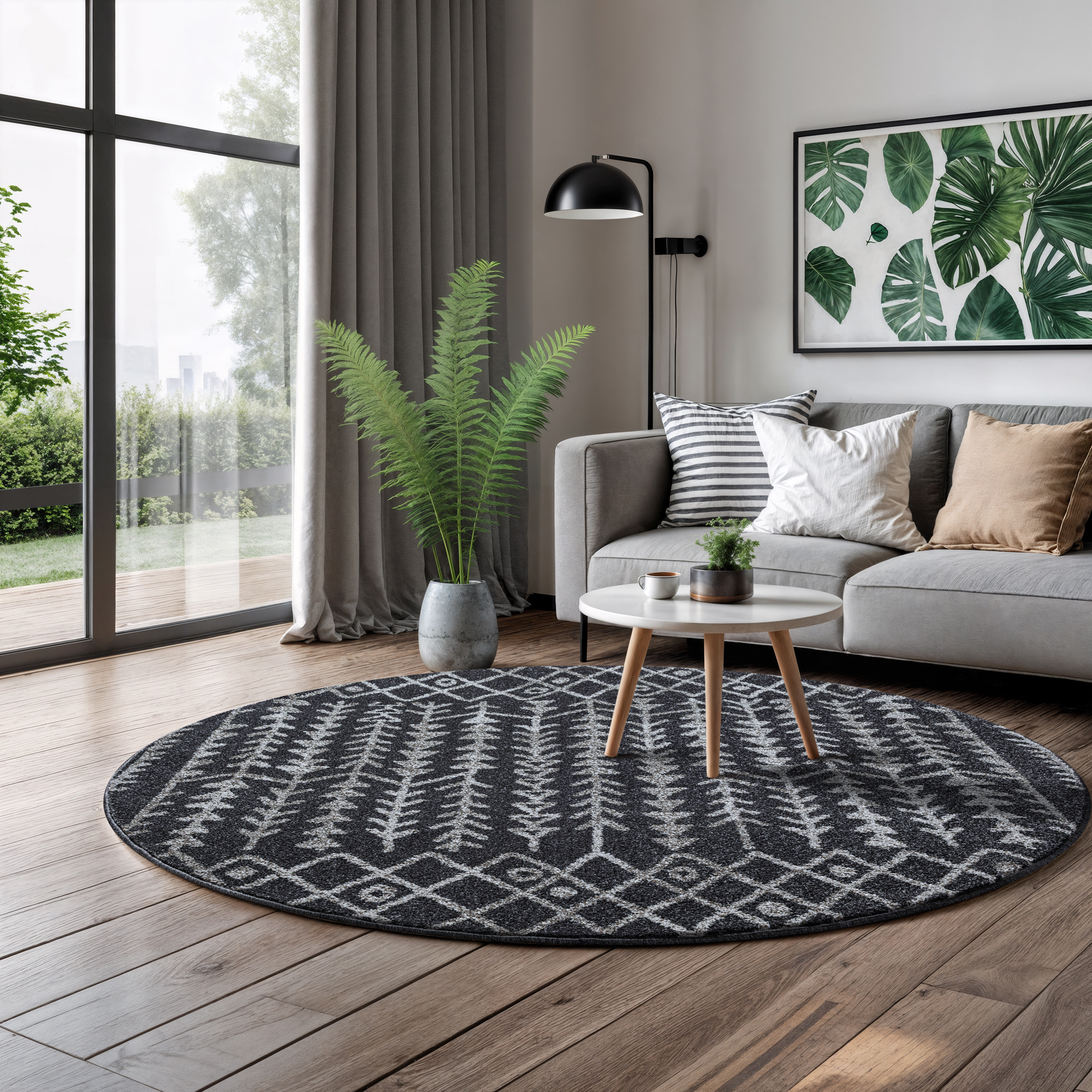 Rond Boho Vintage Kelim | Laagpolig Vloerkleed | Modern Tapijt | Woonkamer, Slaapkamer | Zwart Grijs