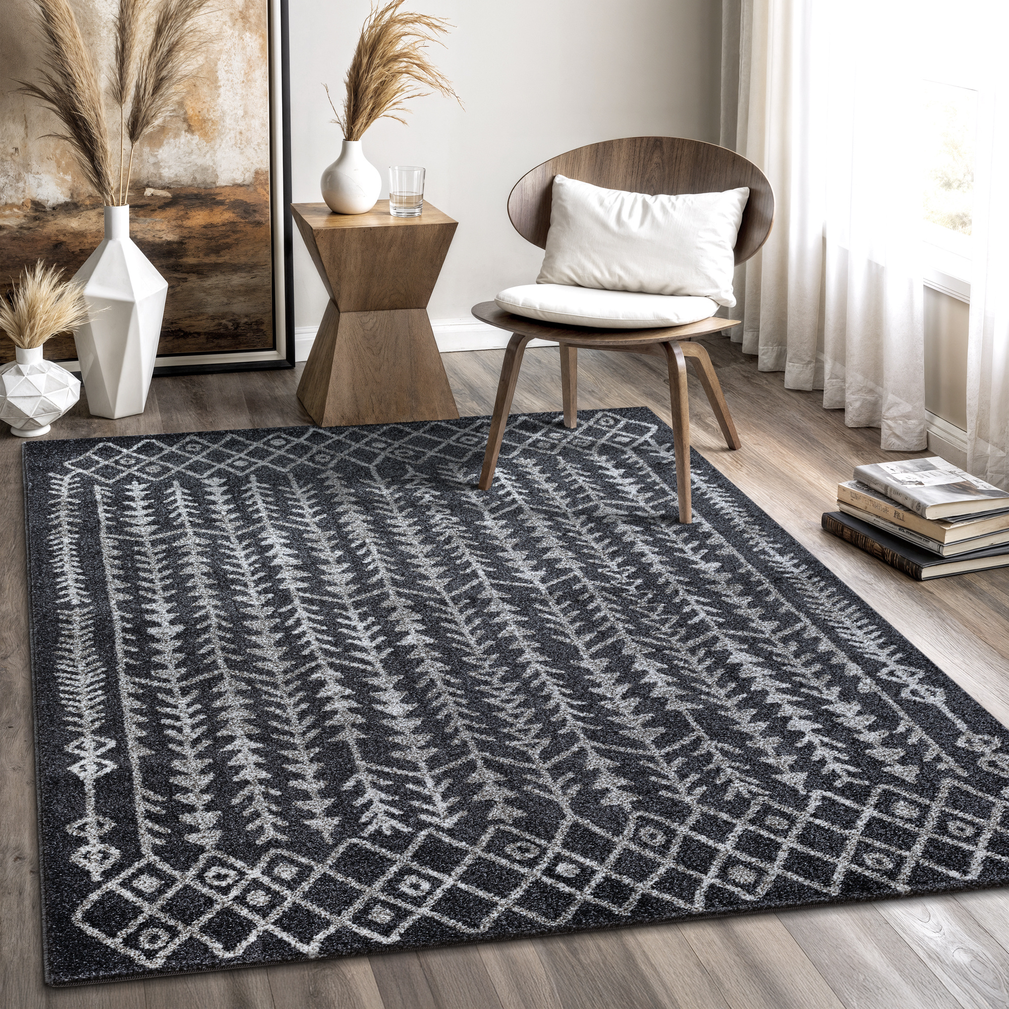 Boho Vintage Kelim Laagpolig Vloerkleed Zwart/Grijs