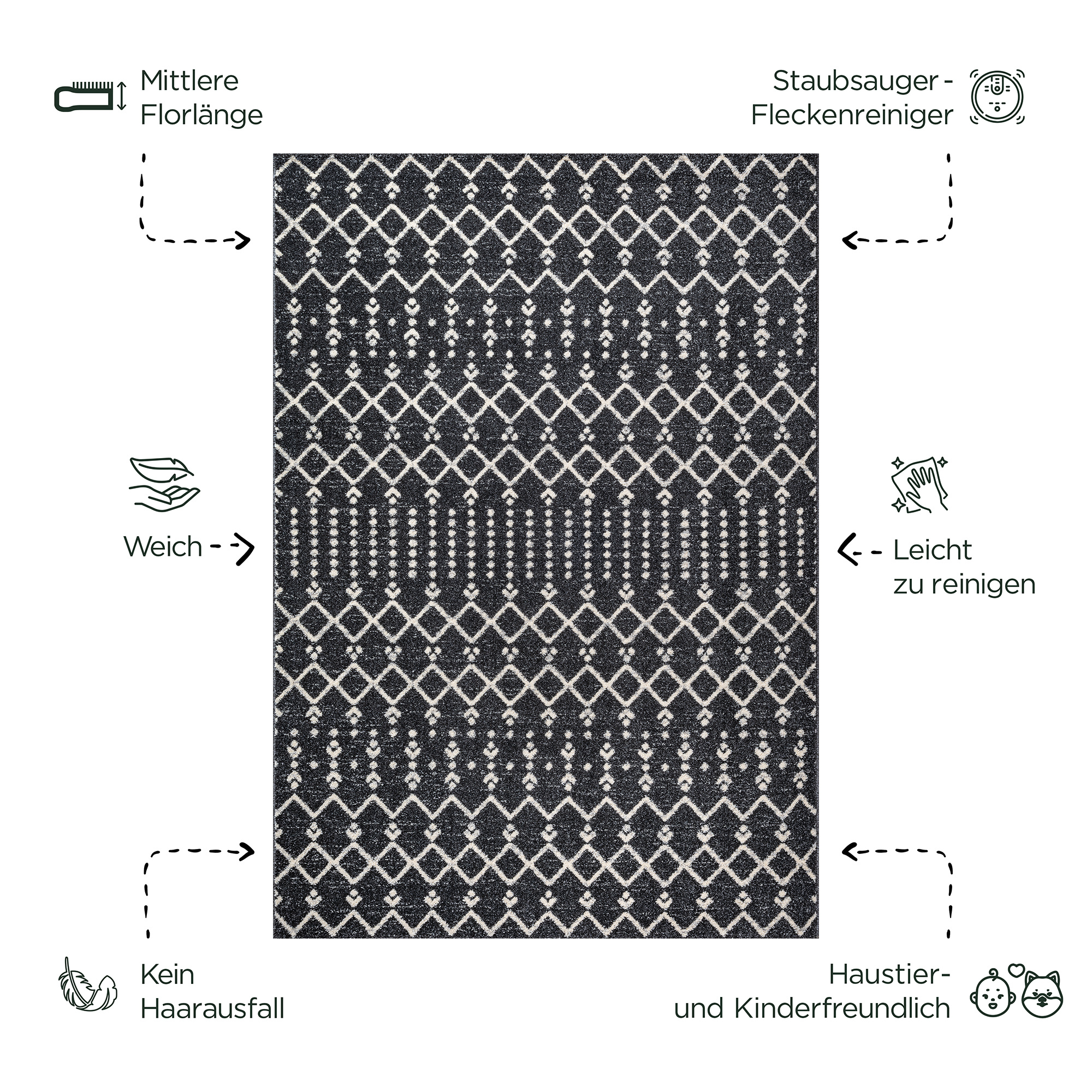 Boho Antik | Laagpolig Vloerkleed | Modern Tapijt | Woonkamer, Slaapkamer | Zwart Grijs