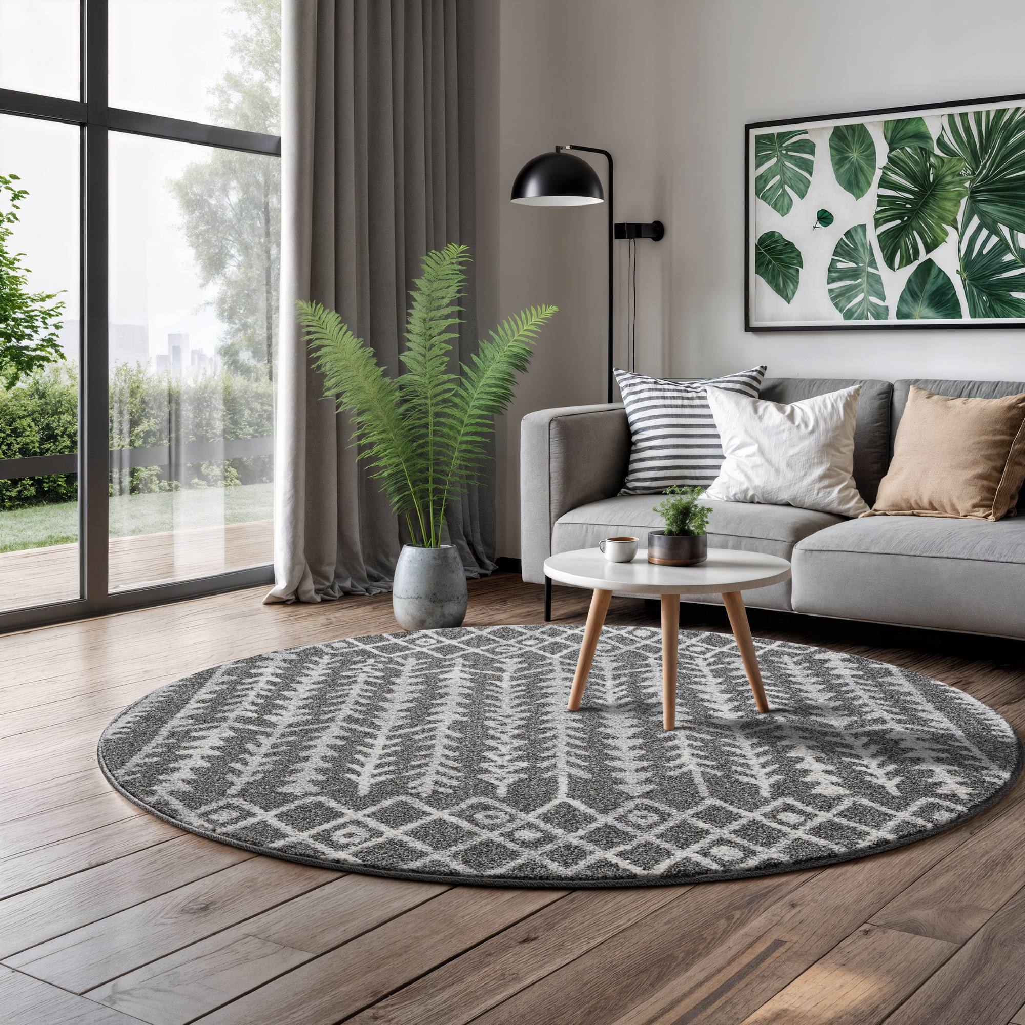 Rond Boho Vintage Kelim | Laagpolig Vloerkleed | Modern Tapijt | Woonkamer, Slaapkamer | Grijs