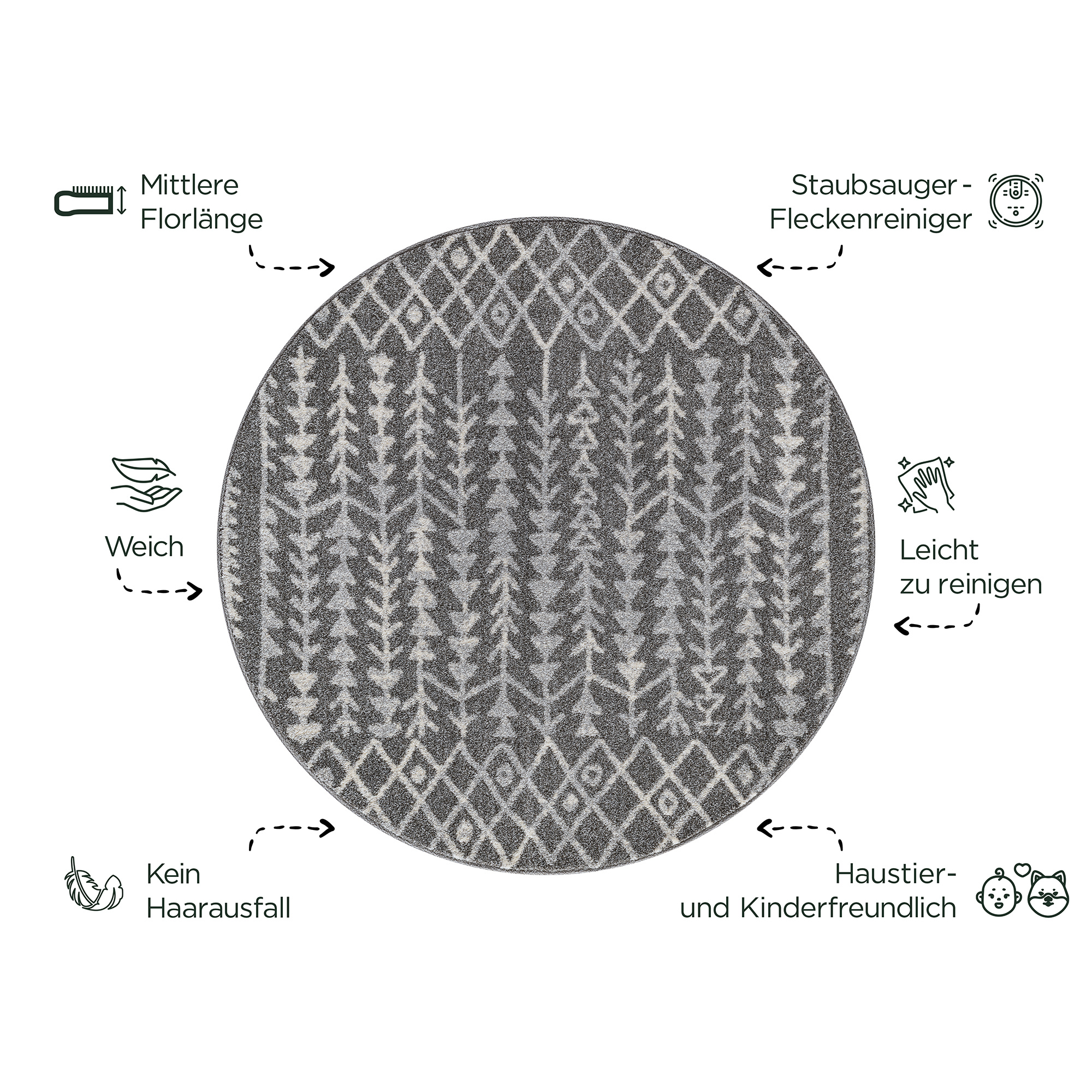 Rond Boho Vintage Kelim | Laagpolig Vloerkleed | Modern Tapijt | Woonkamer, Slaapkamer | Grijs